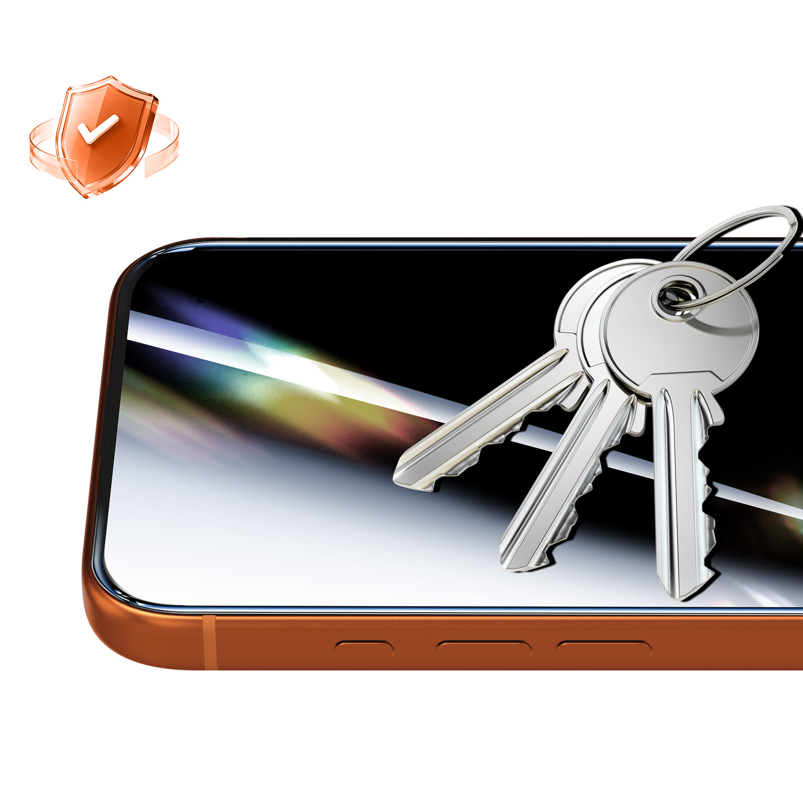 Uno smartphone arancione mostra chiavi con un'icona a scudo a sinistra.