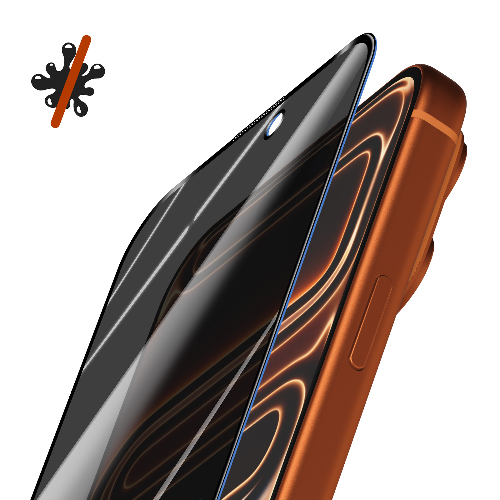 Protezione schermo per telefono arancione con icona anti-macchia.