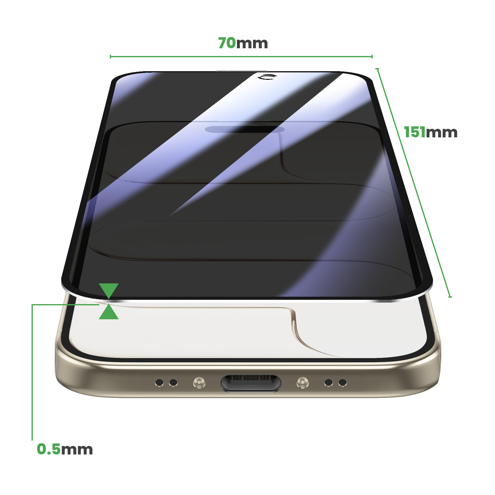 Een smartphone met afmetingen van 70mm x 151mm x 0.5mm wordt getoond.