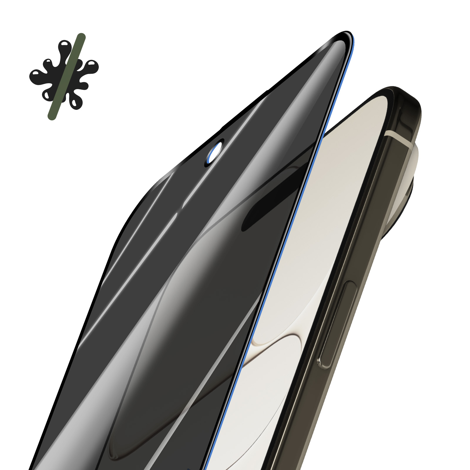 Een zwarte screenprotector met blauwe rand ligt op een witte smartphone.