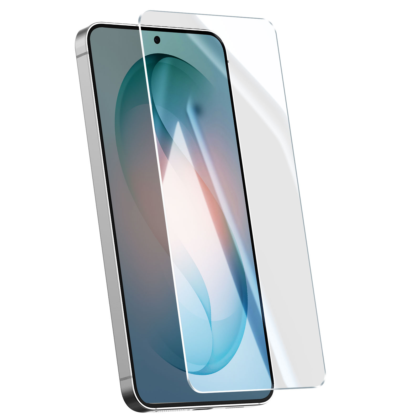 Een zilveren smartphone met een schermprotector die er iets naast ligt.