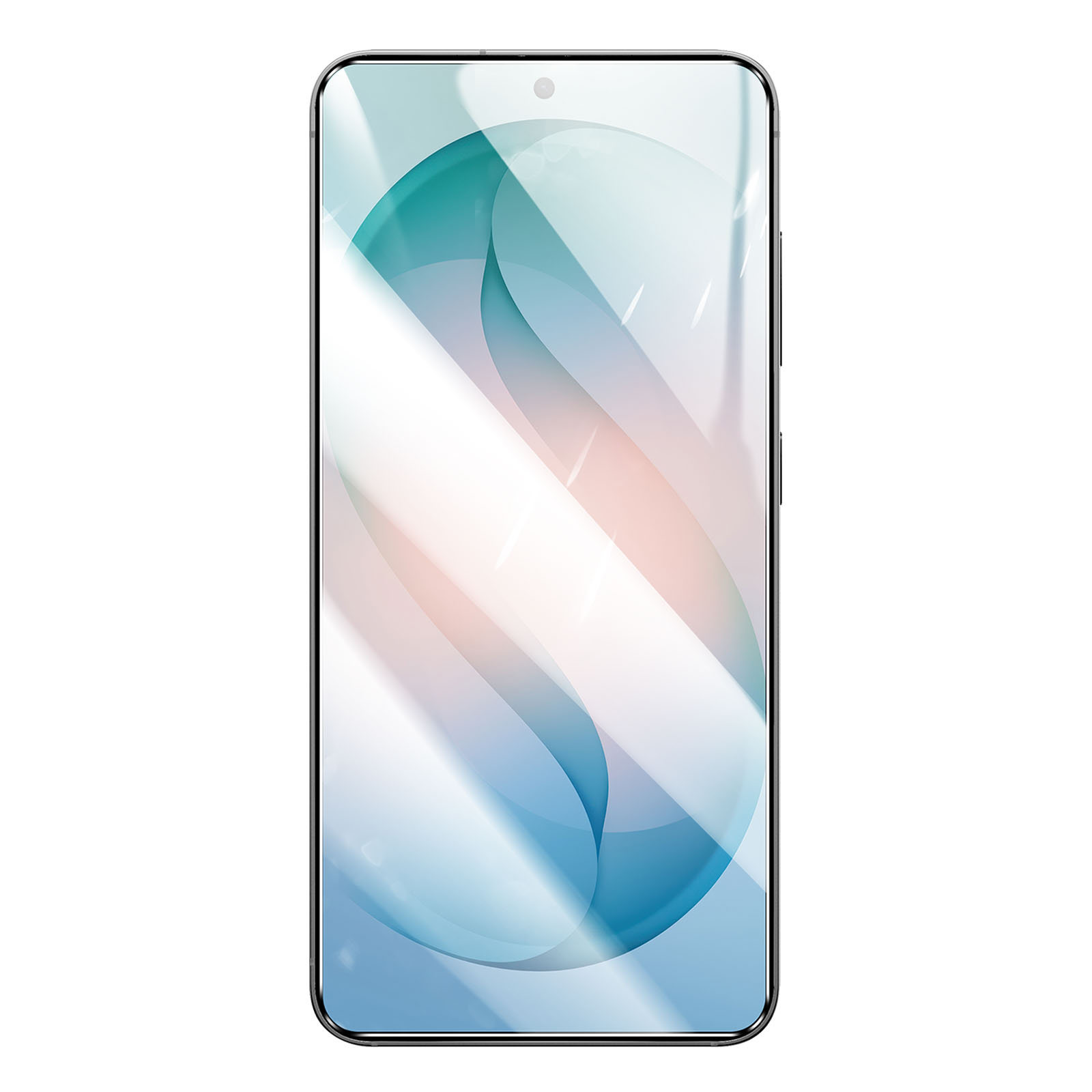 Een moderne smartphone met een abstracte, vloeiende achtergrond in blauw- en roze tinten.