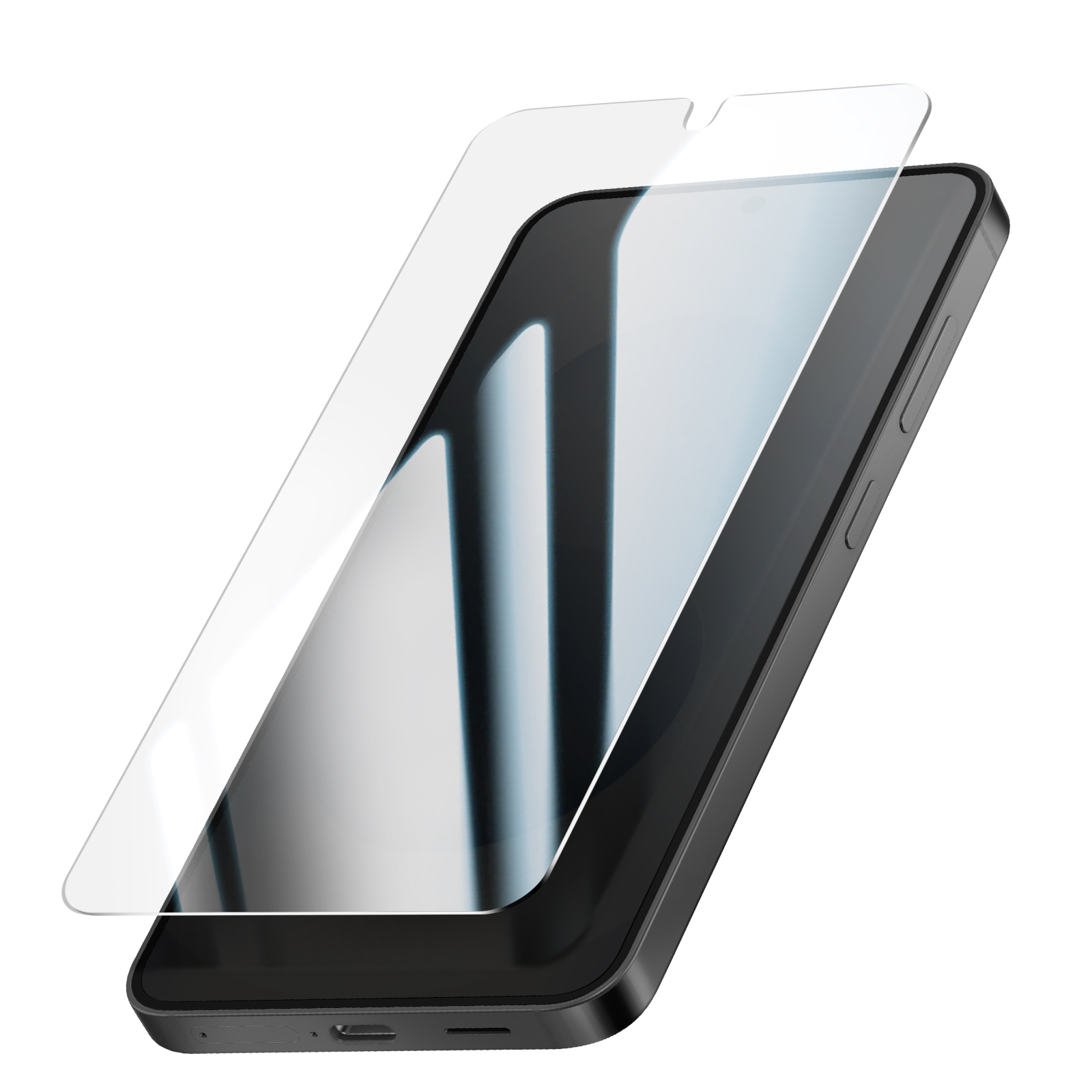 Uno smartphone nero con una protezione schermo trasparente sopra.