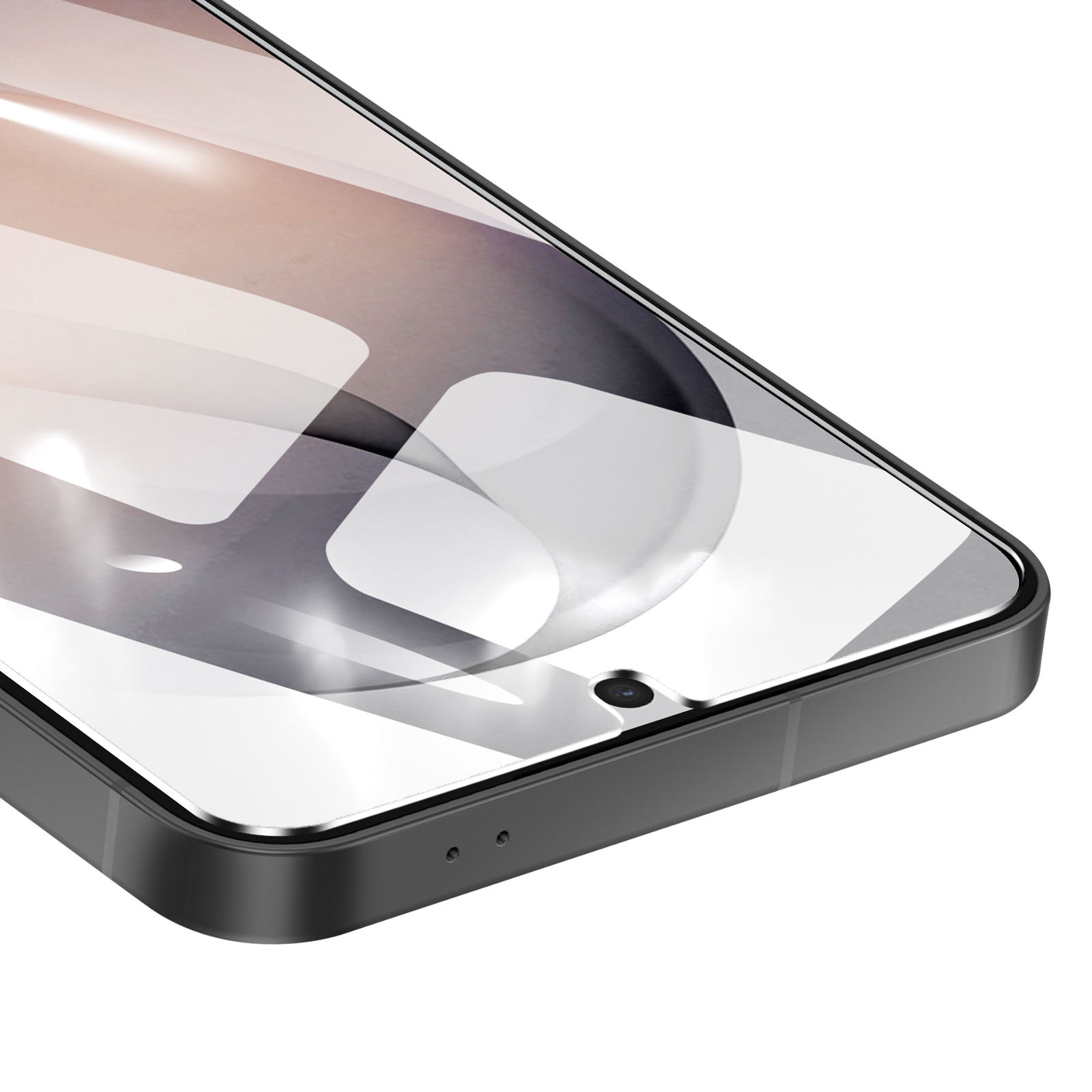Primo piano del frontale di uno smartphone nero con un piccolo foro per la fotocamera frontale.