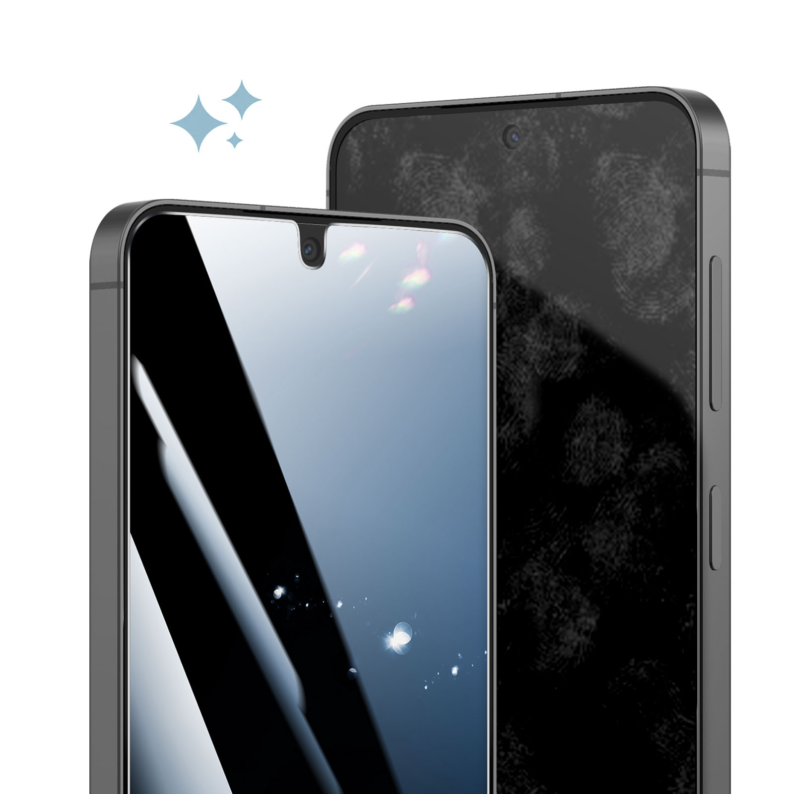 Twee smartphones, één met een schoon scherm, de ander met vingerafdrukken.
