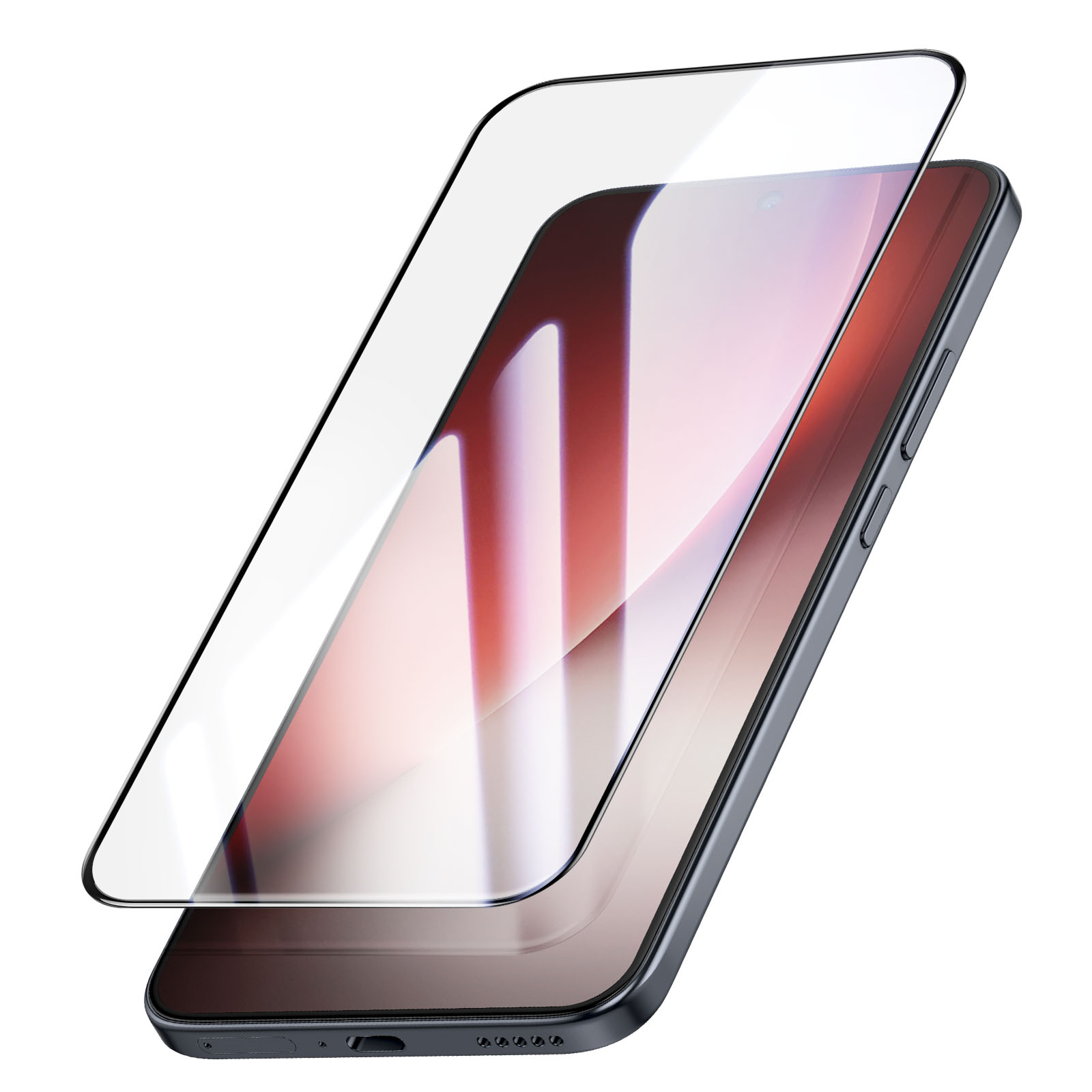 Una protezione per schermo in vetro giace su uno smartphone nero.