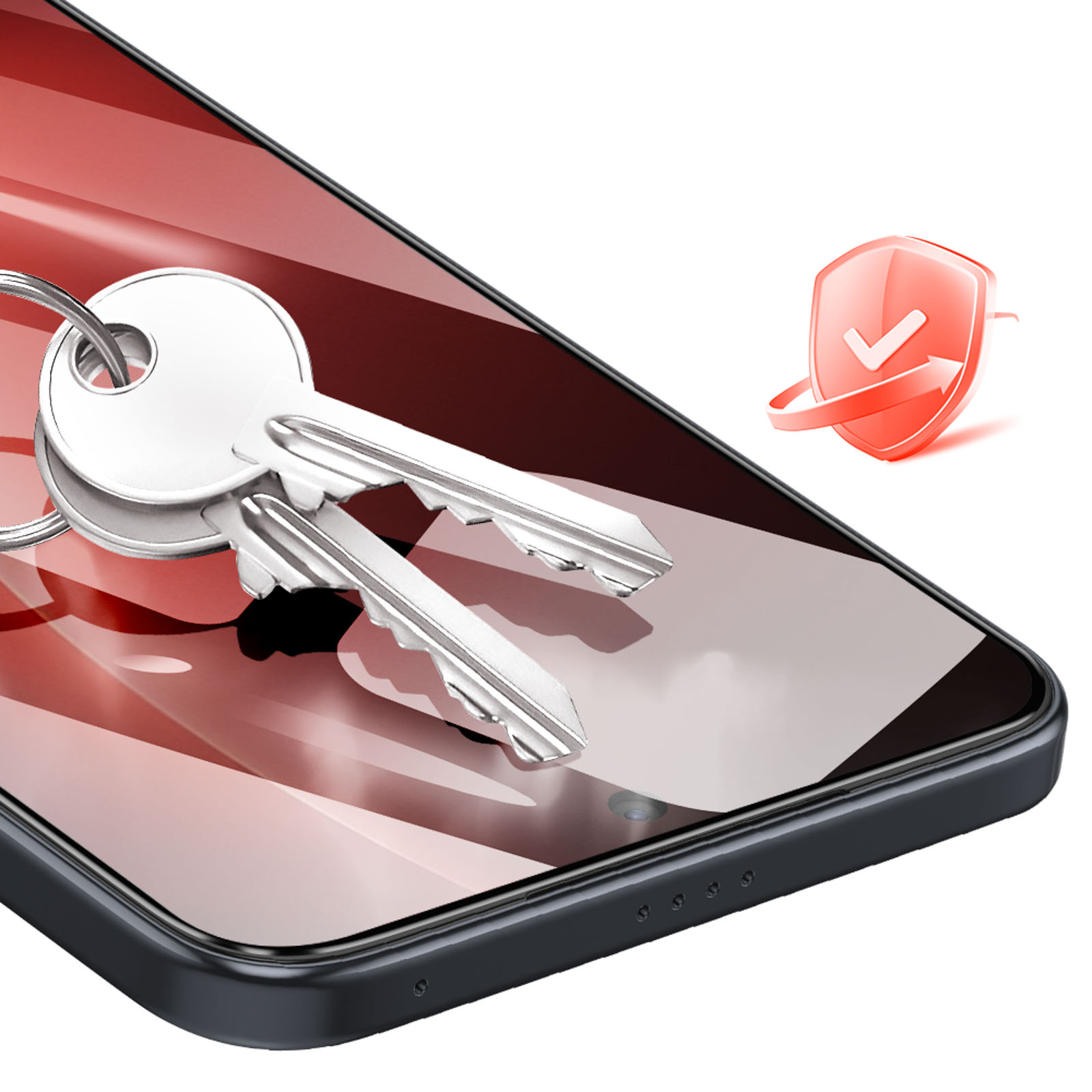 Due chiavi d'argento su uno smartphone scuro con sfondo rosso e icona scudo.