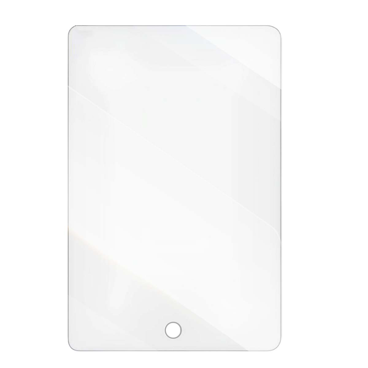 Een heldere screenprotector voor een rechthoekig apparaat met afgeronde hoeken en een cirkel onderaan.