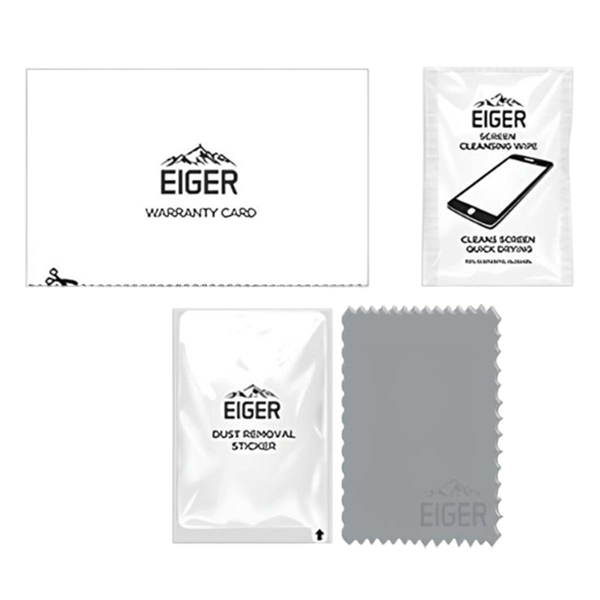 Eiger producten: garantiekaart, schoonmaakdoekje, stofverwijderingssticker, doekje.
