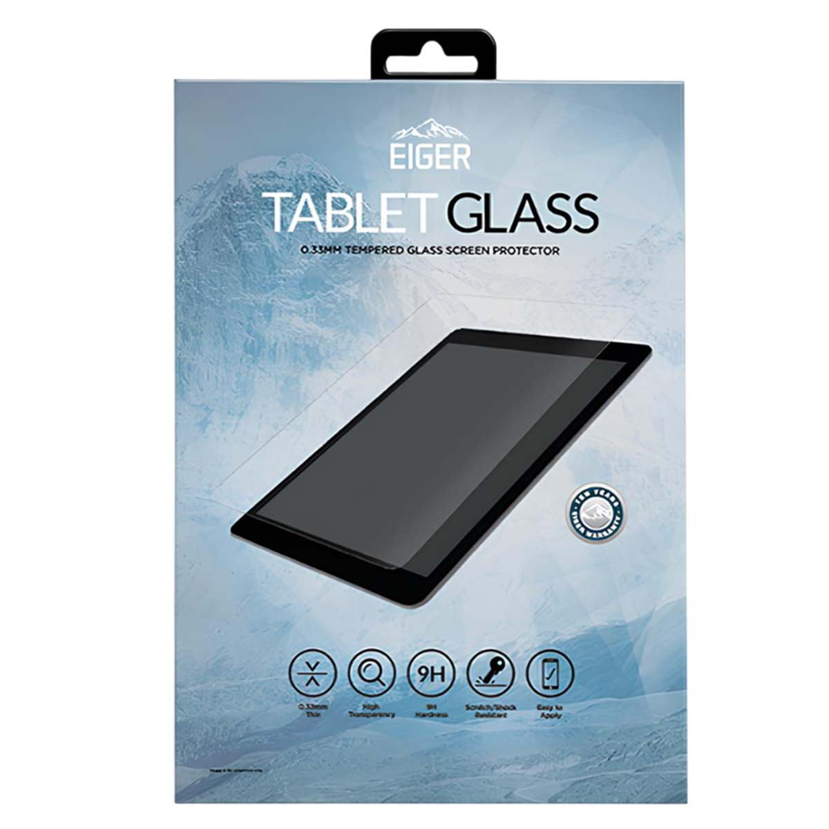 Eiger Tablet Glass screenprotector verpakking met berglandschap.