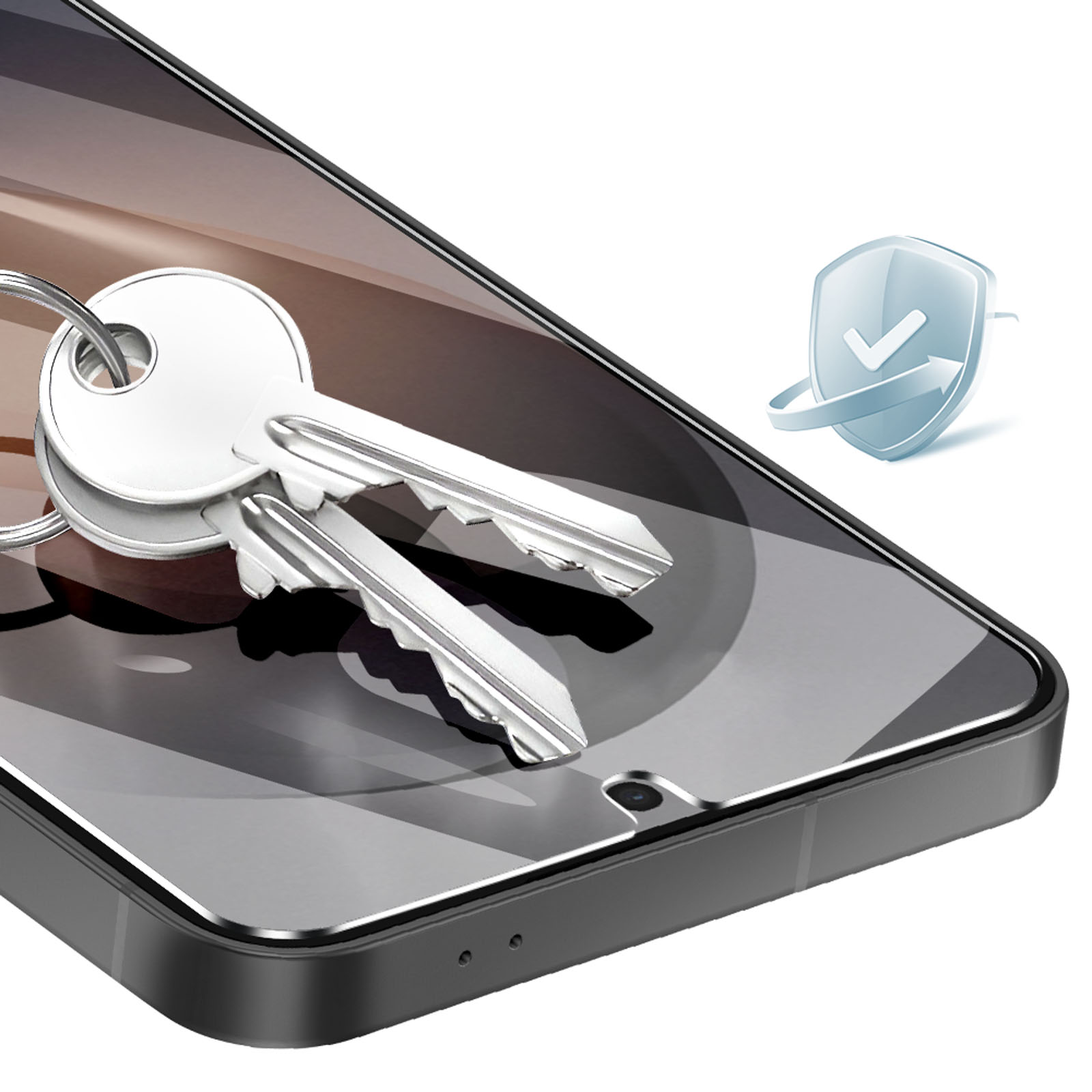 Twee zilveren sleutels op een smartphone-scherm met een schildicoon.