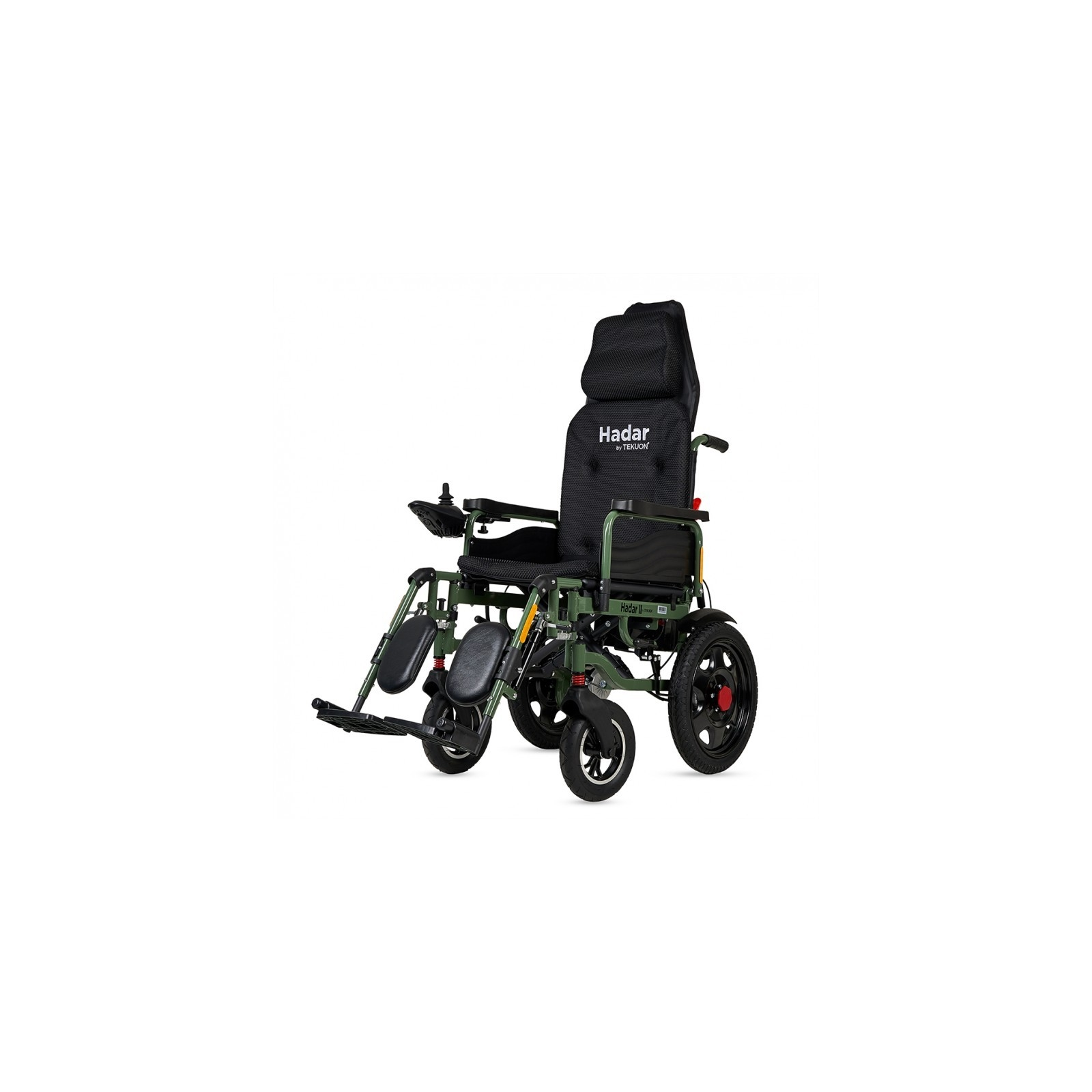 Una silla de ruedas eléctrica verde oscuro con asiento y reposacabezas negros.