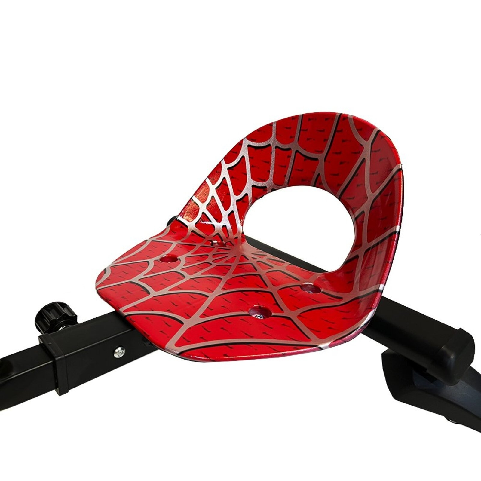 Asiento rojo con diseño de telaraña sobre marco metálico negro.