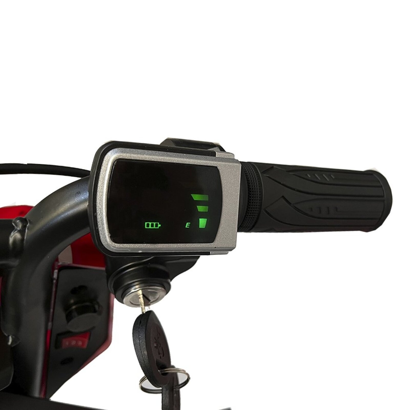 Primer plano del display de un patinete eléctrico con indicador de batería y cerradura.