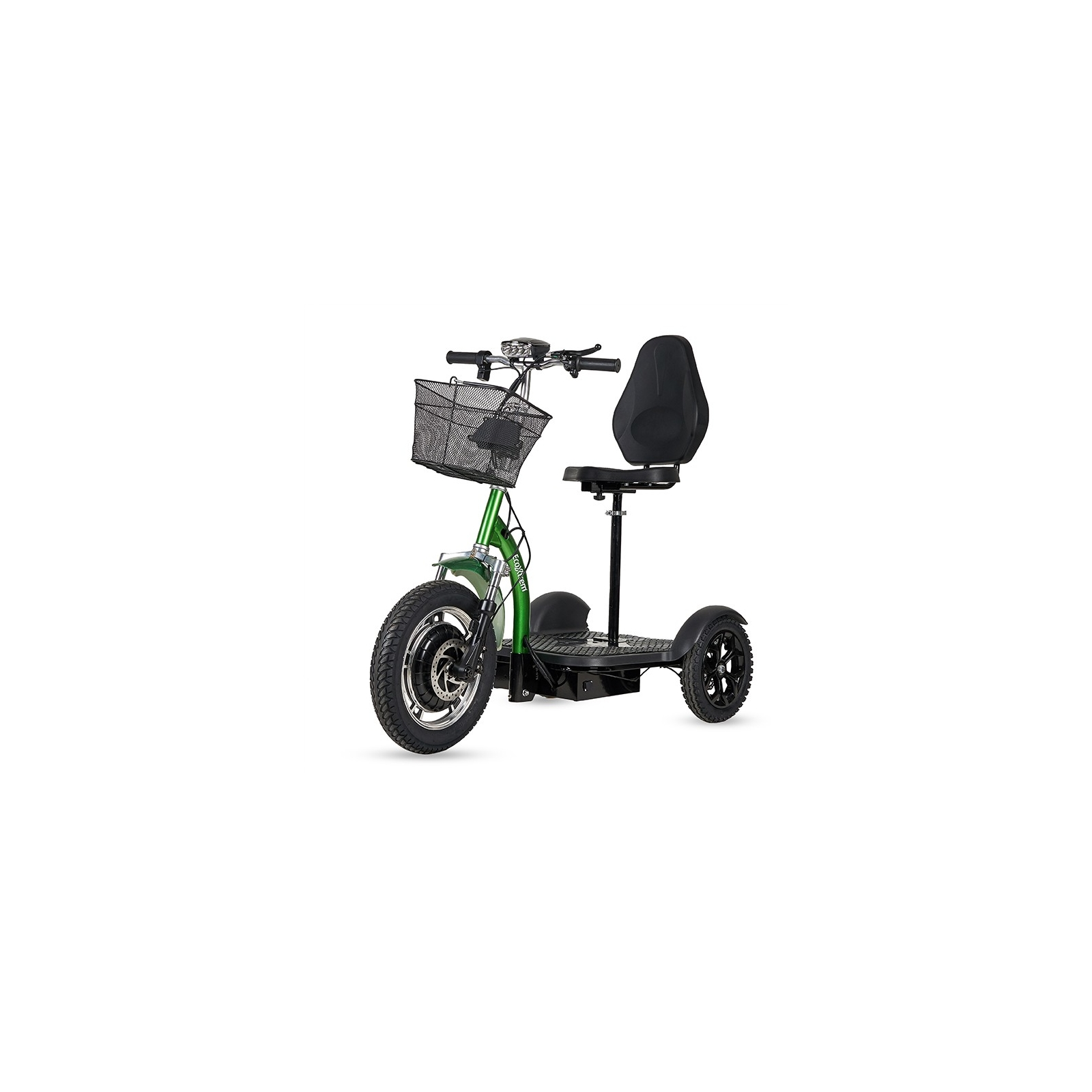 Scooter verde de tres ruedas con cesta y asiento negros.