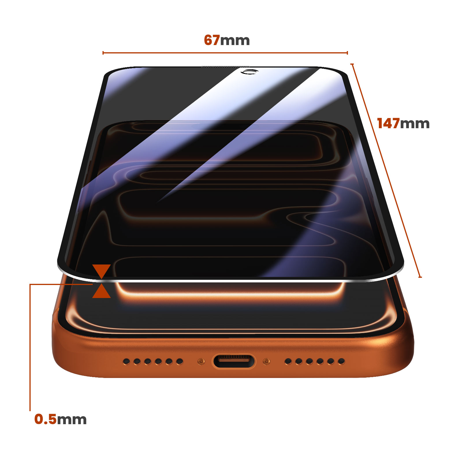 Una protezione schermo per smartphone di 67x147mm e spessore 0,5mm.