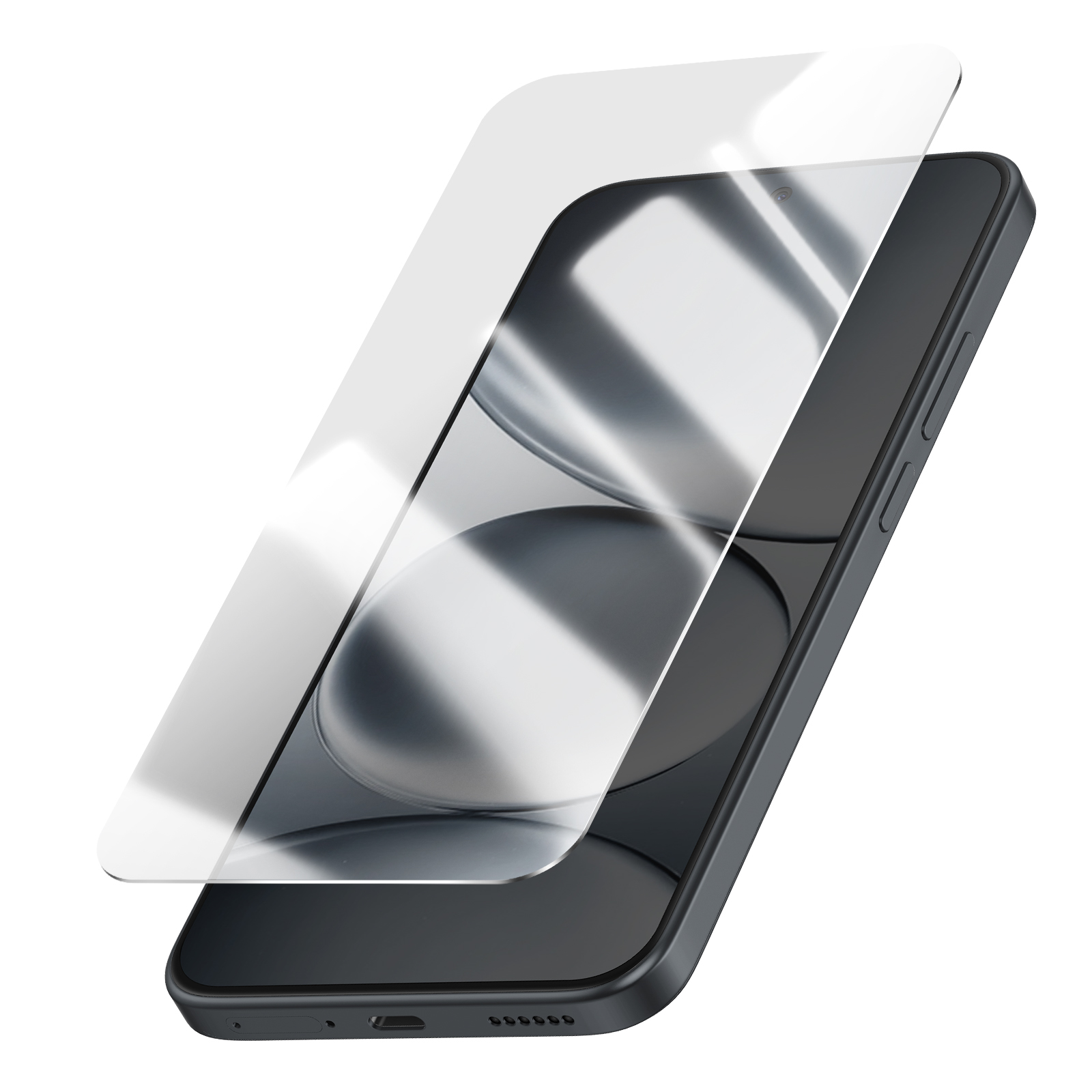 Un smartphone noir avec un protecteur d'écran transparent placé dessus.