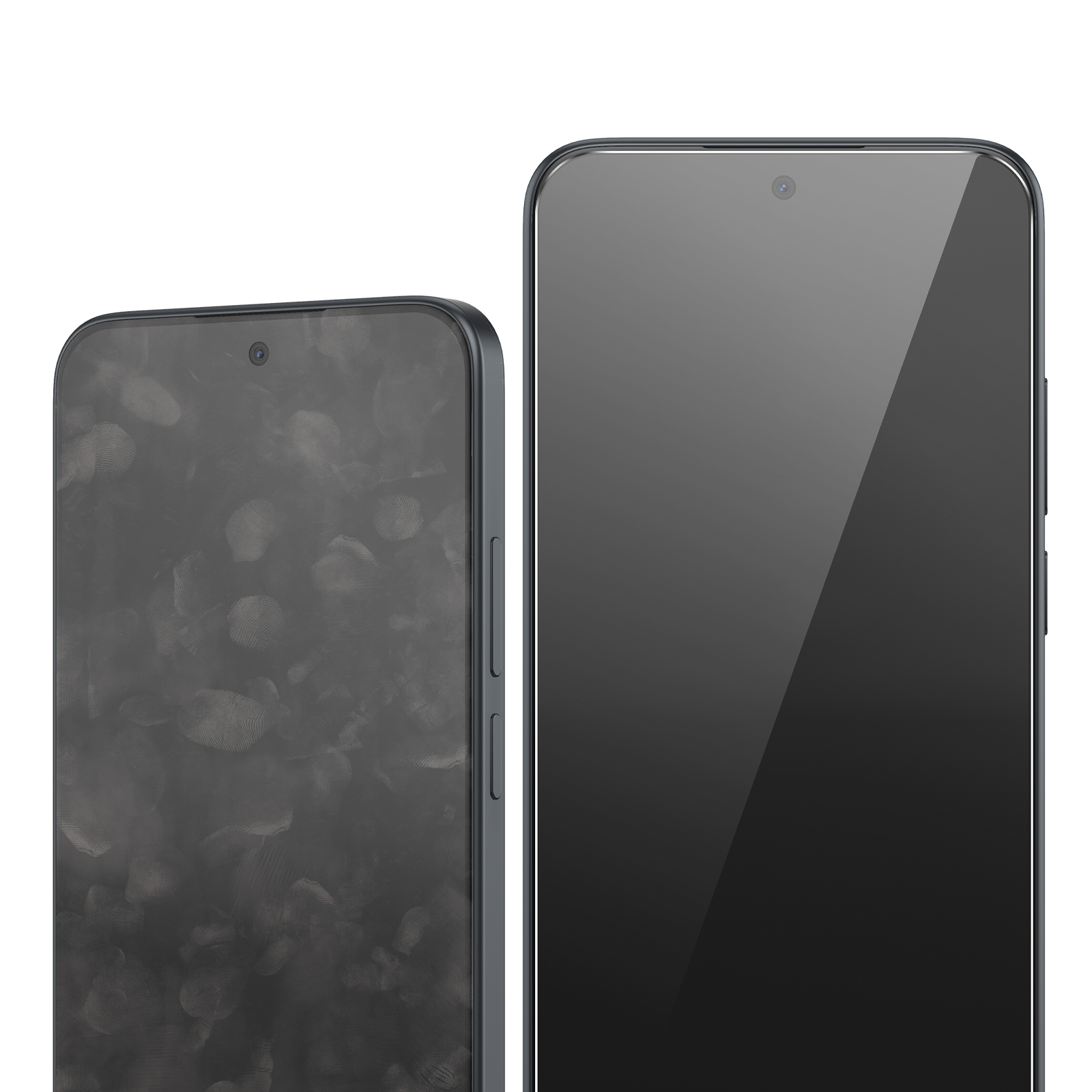 Deux smartphones sombres, écran gauche avec empreintes digitales.