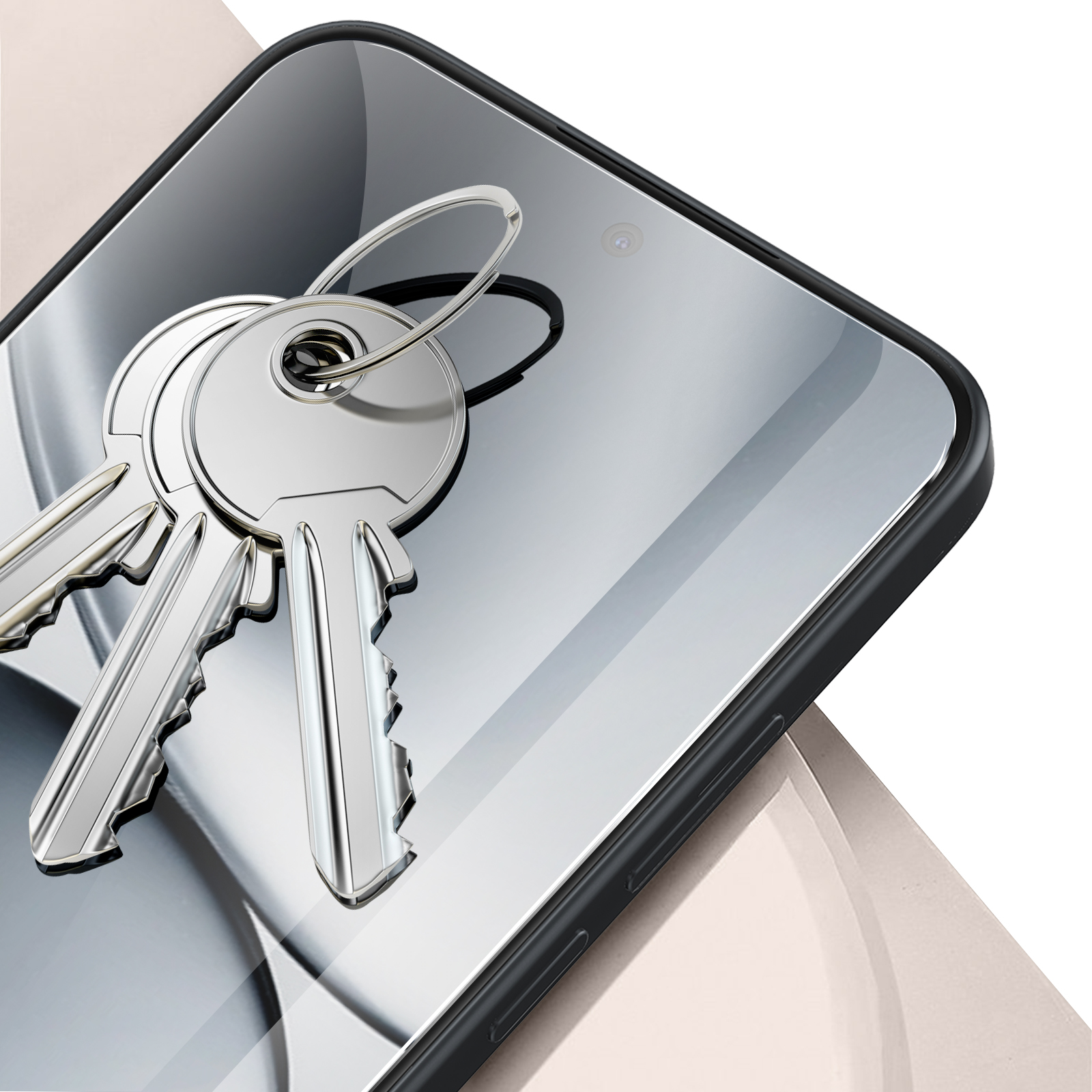 Trois clés argentées sur un écran de smartphone. Design épuré et moderne.