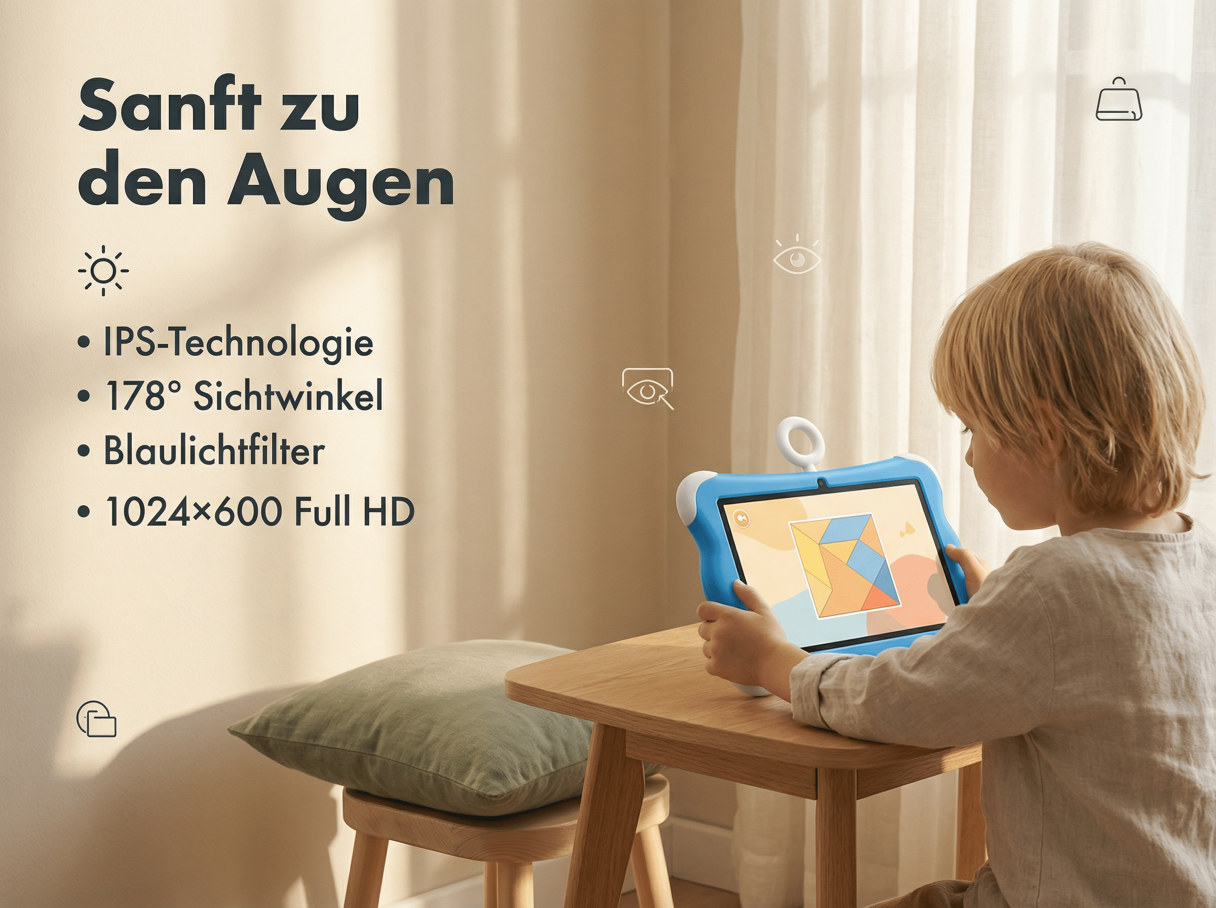 Ein Kind spielt auf einem blauen Tablet mit einem bunten Puzzle.