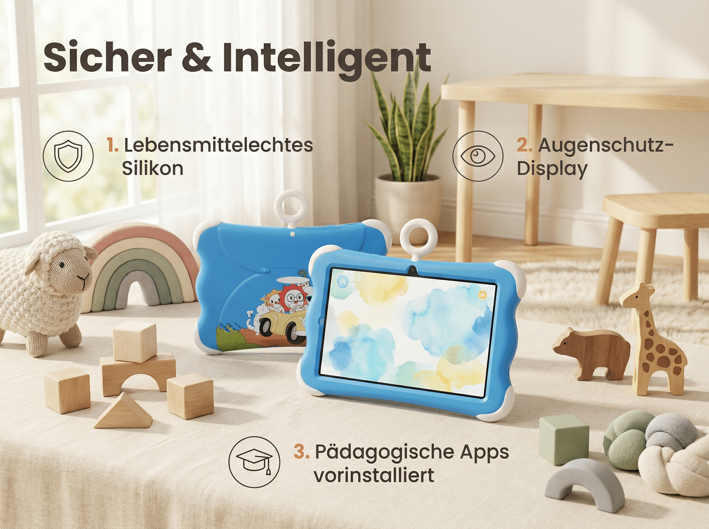 Blauer Kindertablet mit Spielzeug: Schaf, Holzbausteine, Giraffe, Bär, Stoffball.