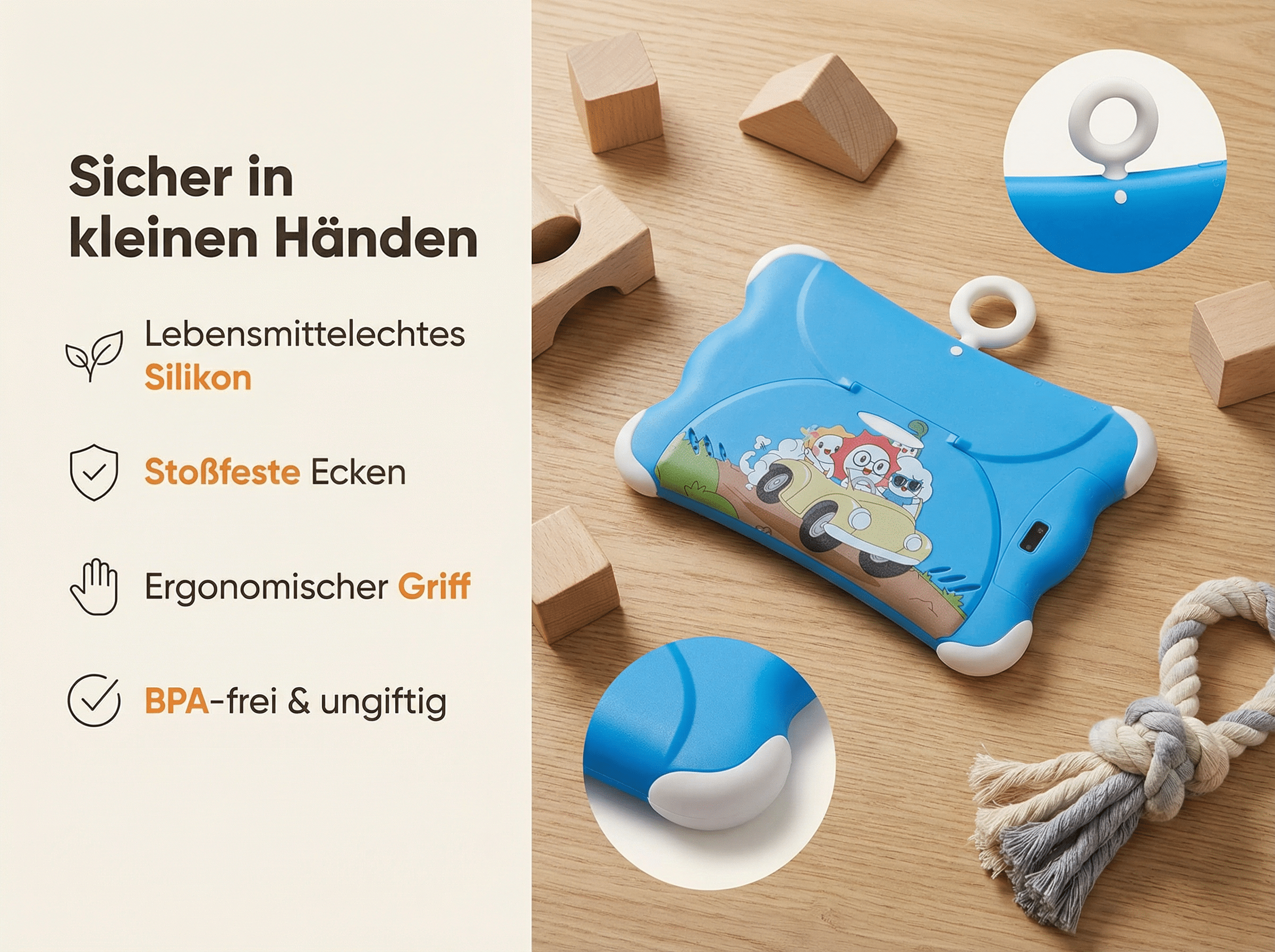 Ein blaues Kindergerät mit Cartoon-Figuren in einem Auto, umgeben von Holzspielzeug.