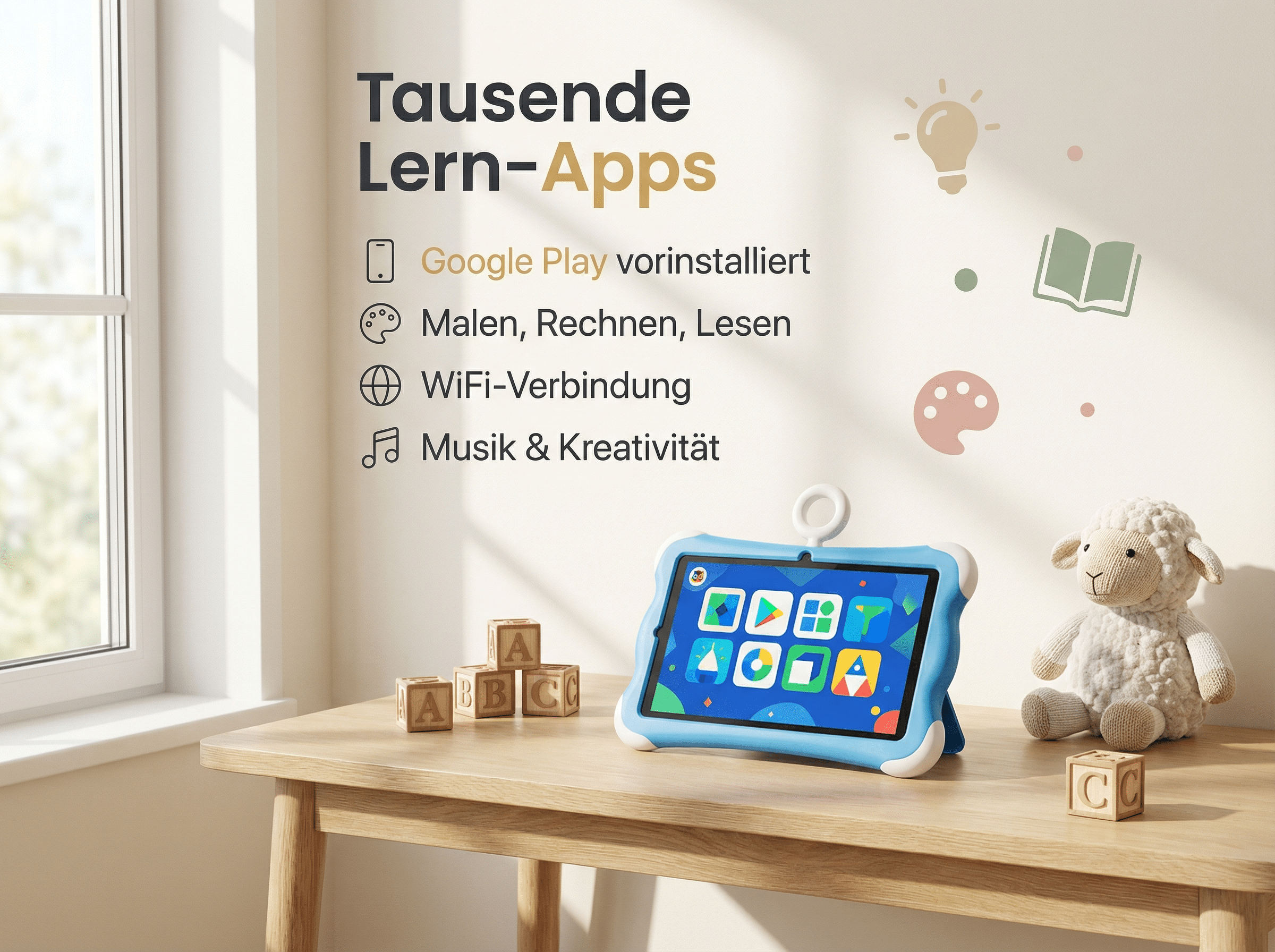 Ein Kinder-Tablet mit Lern-Apps, Bauklötzen und einem Schaf auf einem Holztisch.