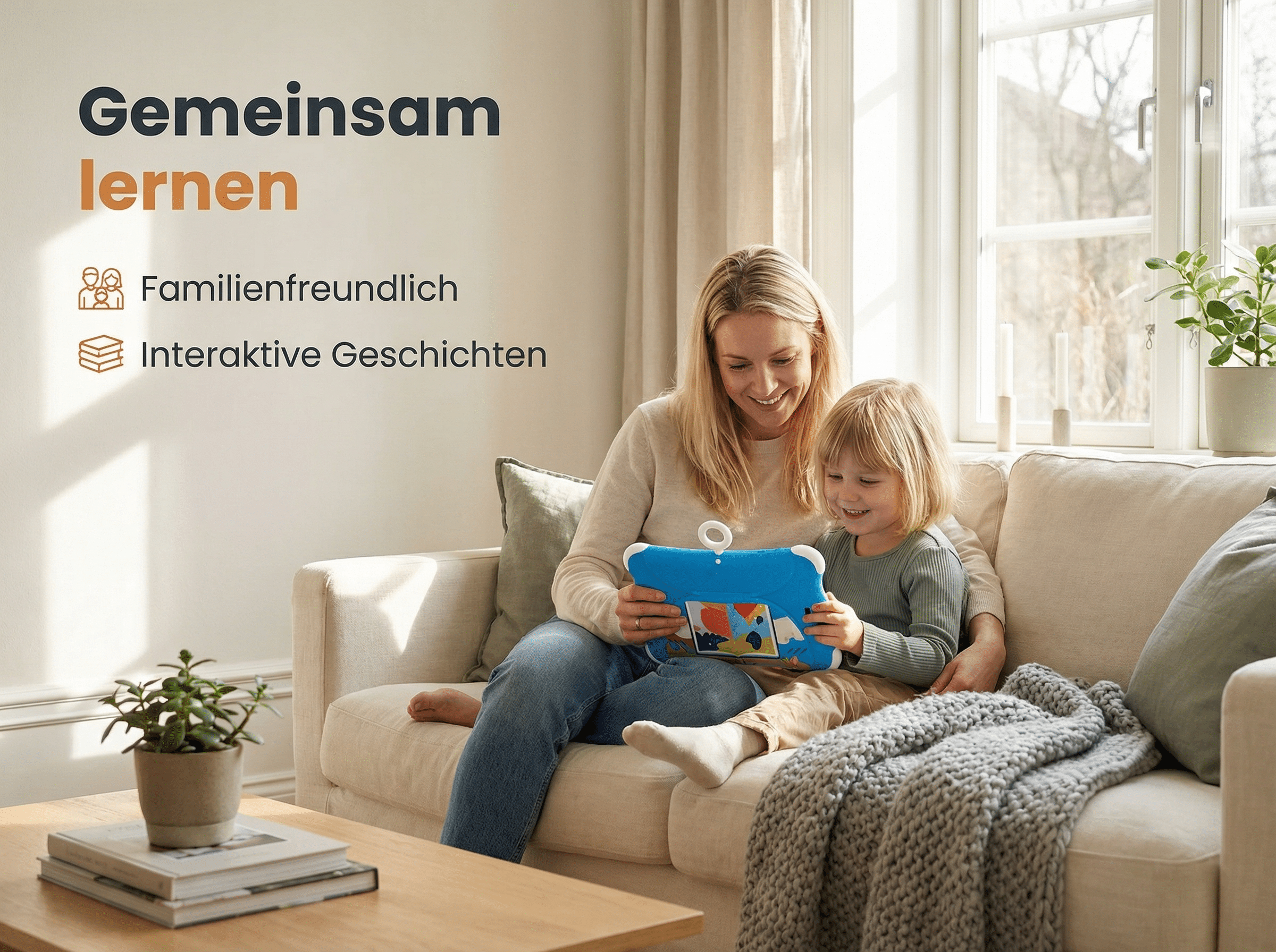 Mutter und Kind lernen gemeinsam auf einem Tablet auf dem Sofa.