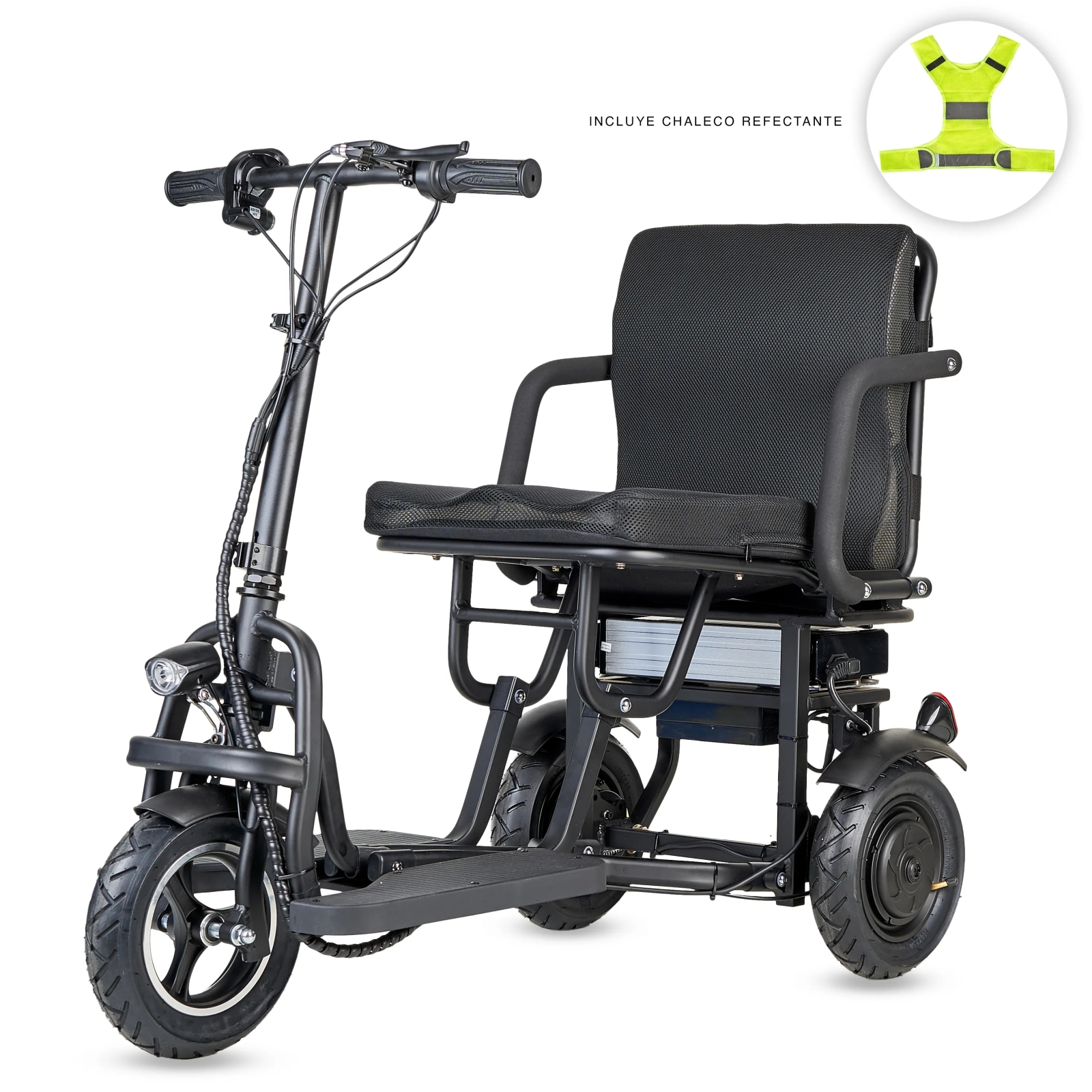 Un patinete eléctrico negro con asiento y chaleco reflectante.