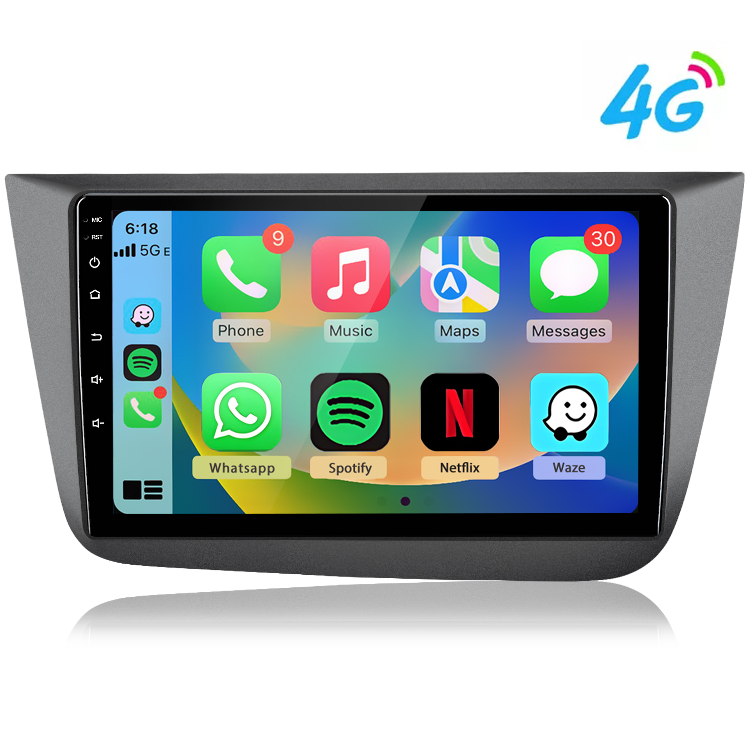 Schermo autoradio con icone app: Telefono, Musica, Mappe. 4G in alto a destra.
