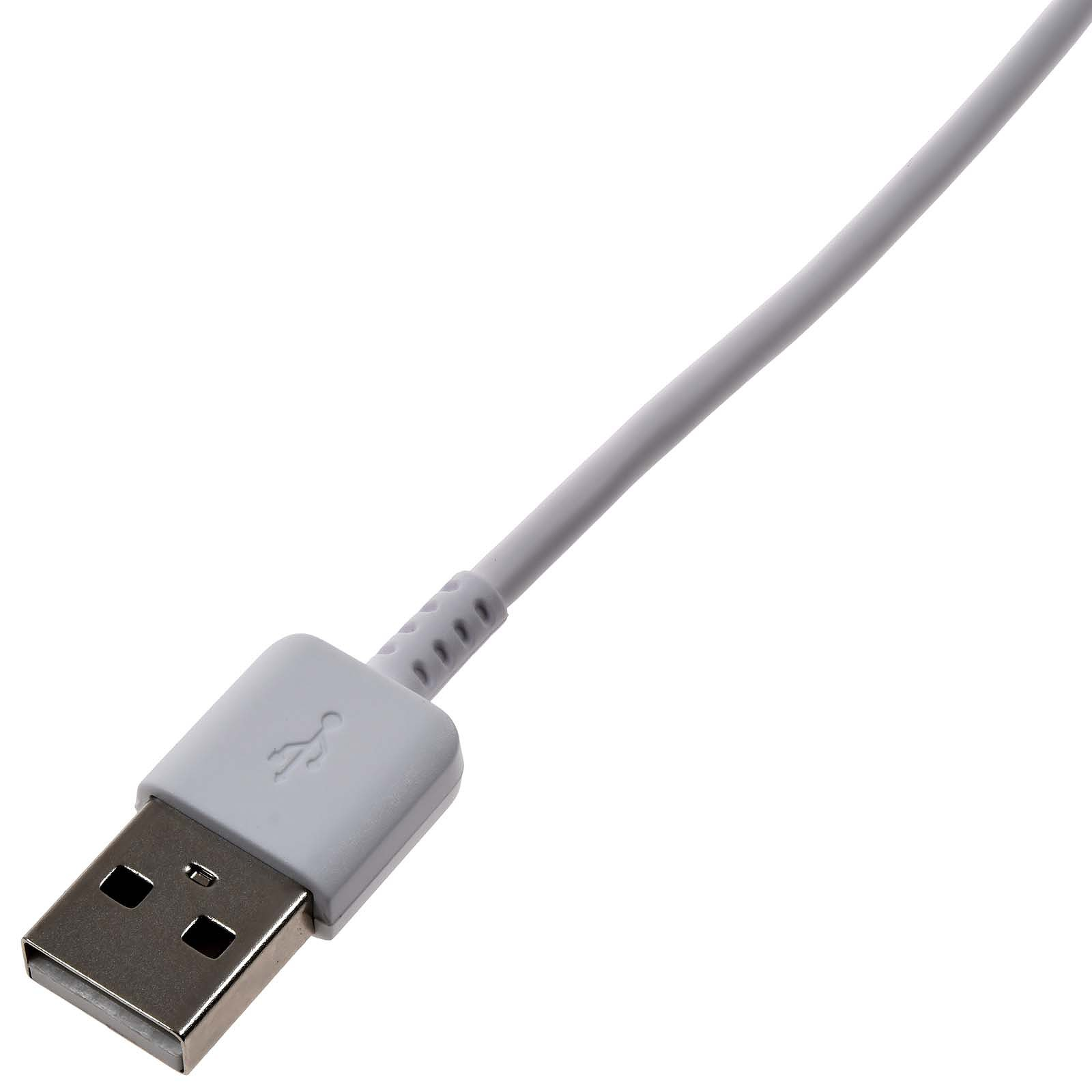 Un cavo USB grigio con un connettore e un logo.