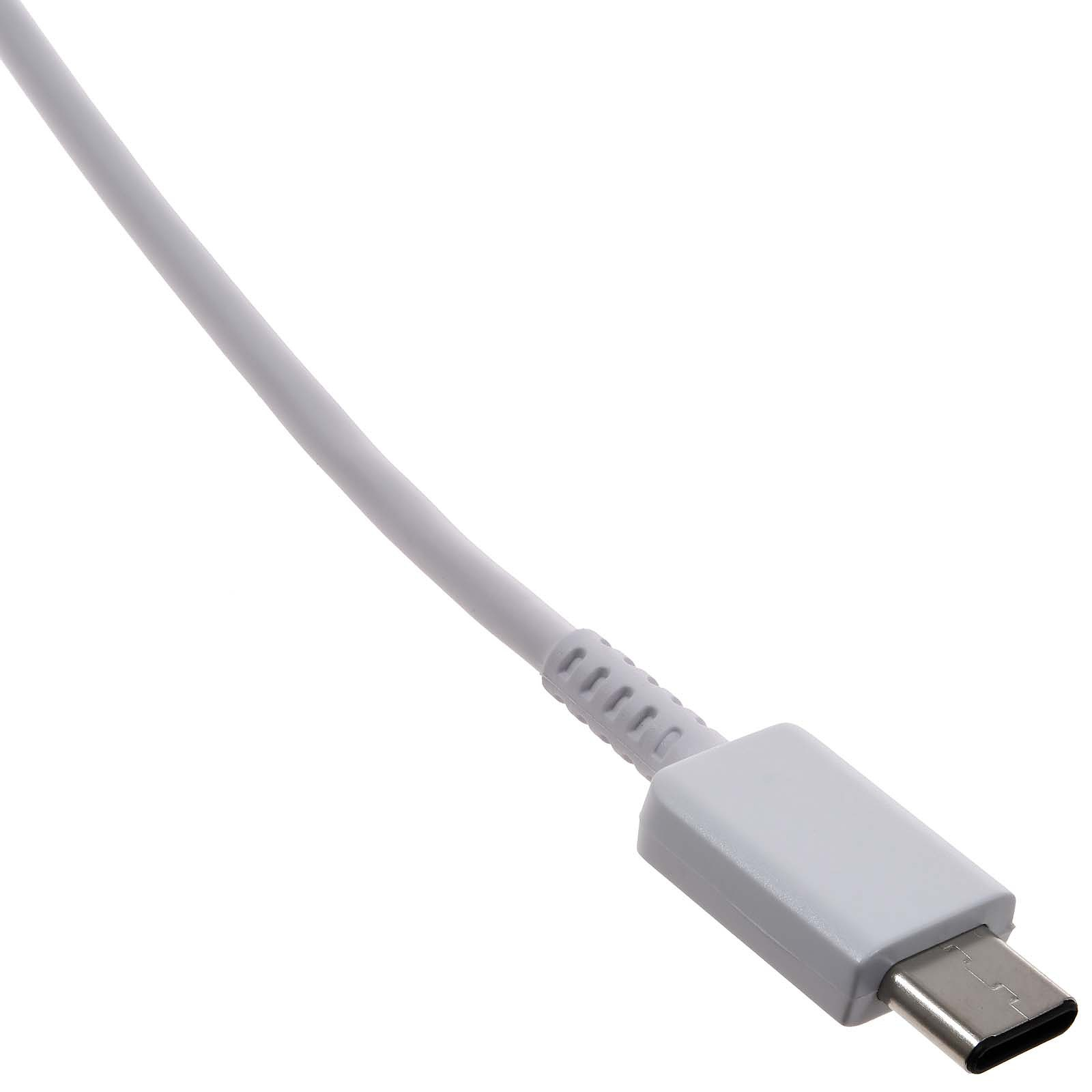 Un cavo USB-C bianco con impugnatura scanalata e connettore metallico.