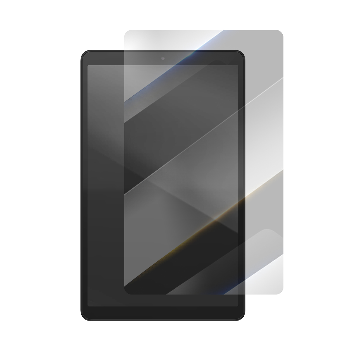 Een zwarte tablet met een schermprotector die het scherm gedeeltelijk bedekt.