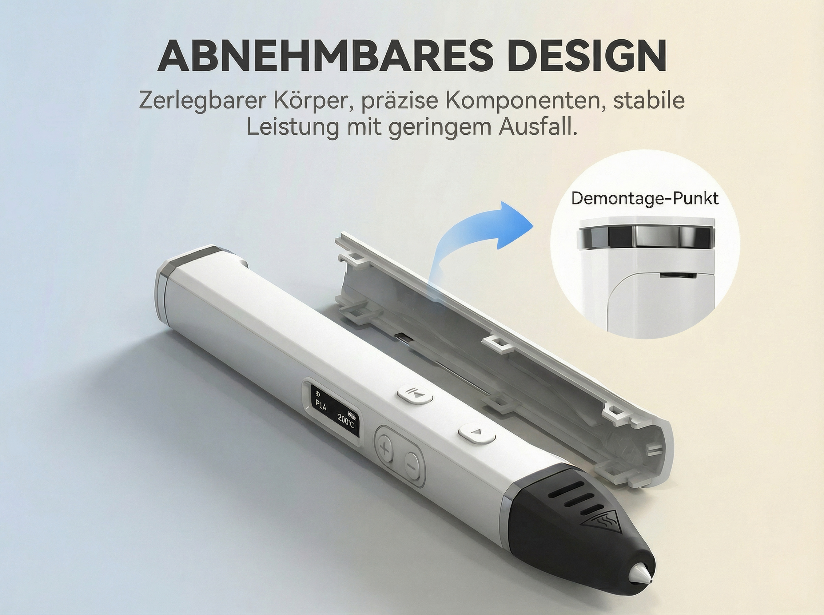 Ein weißer 3D-Stift mit abnehmbarem Gehäuse und einer Nahaufnahme des Demontagepunkts.