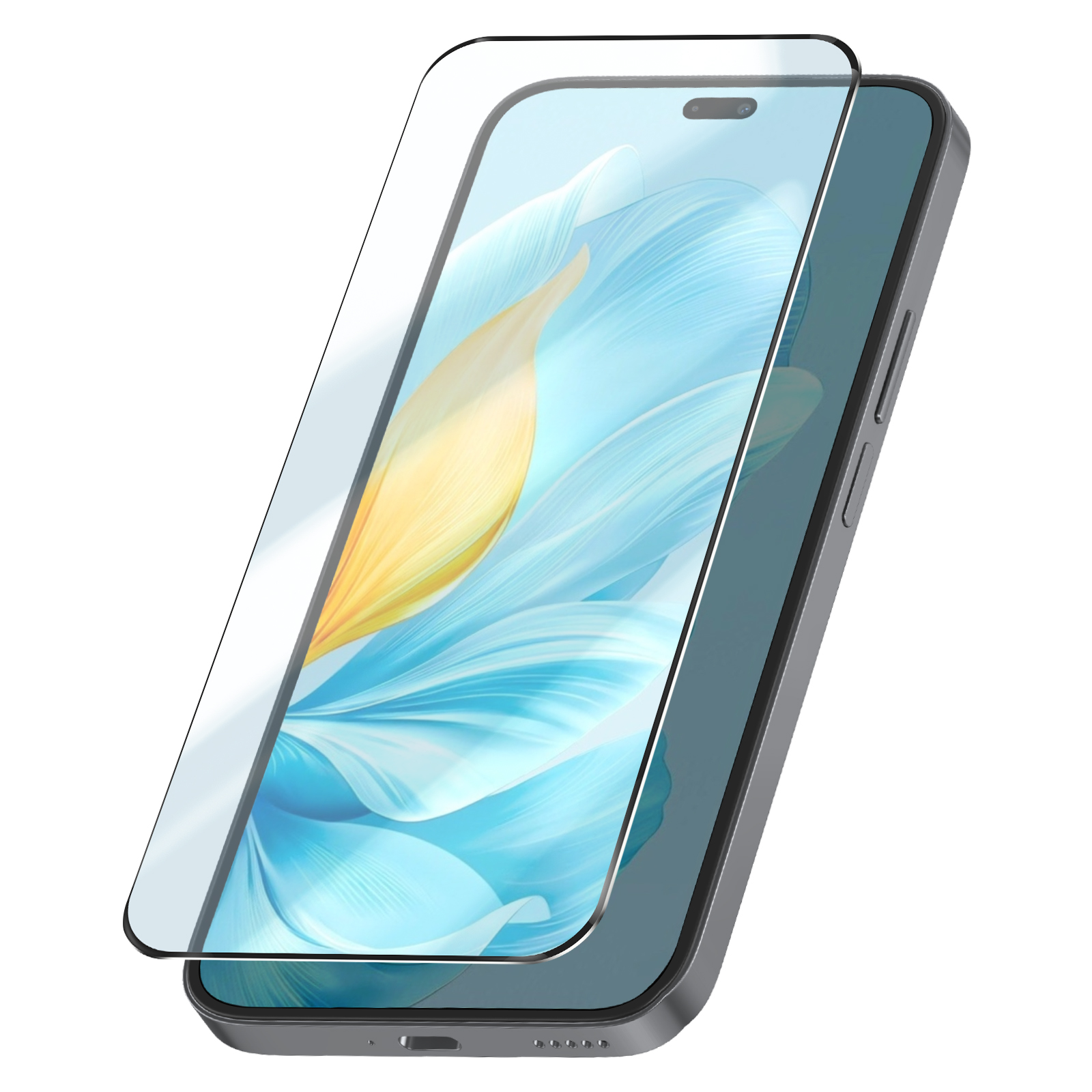 Uno smartphone con proteggi schermo. Il display mostra un motivo blu e giallo.
