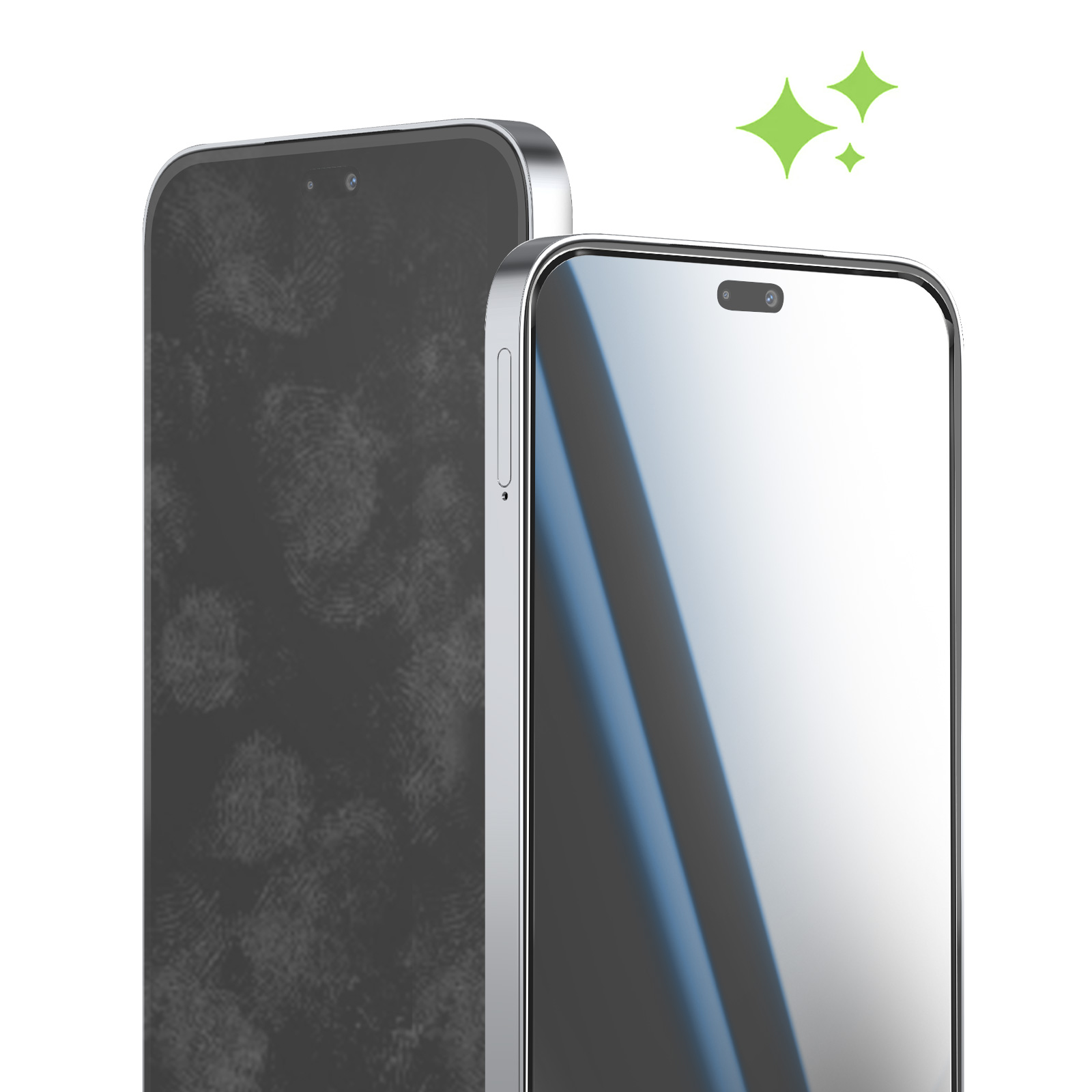 Due telefoni uno accanto all'altro: uno con impronte, uno pulito.