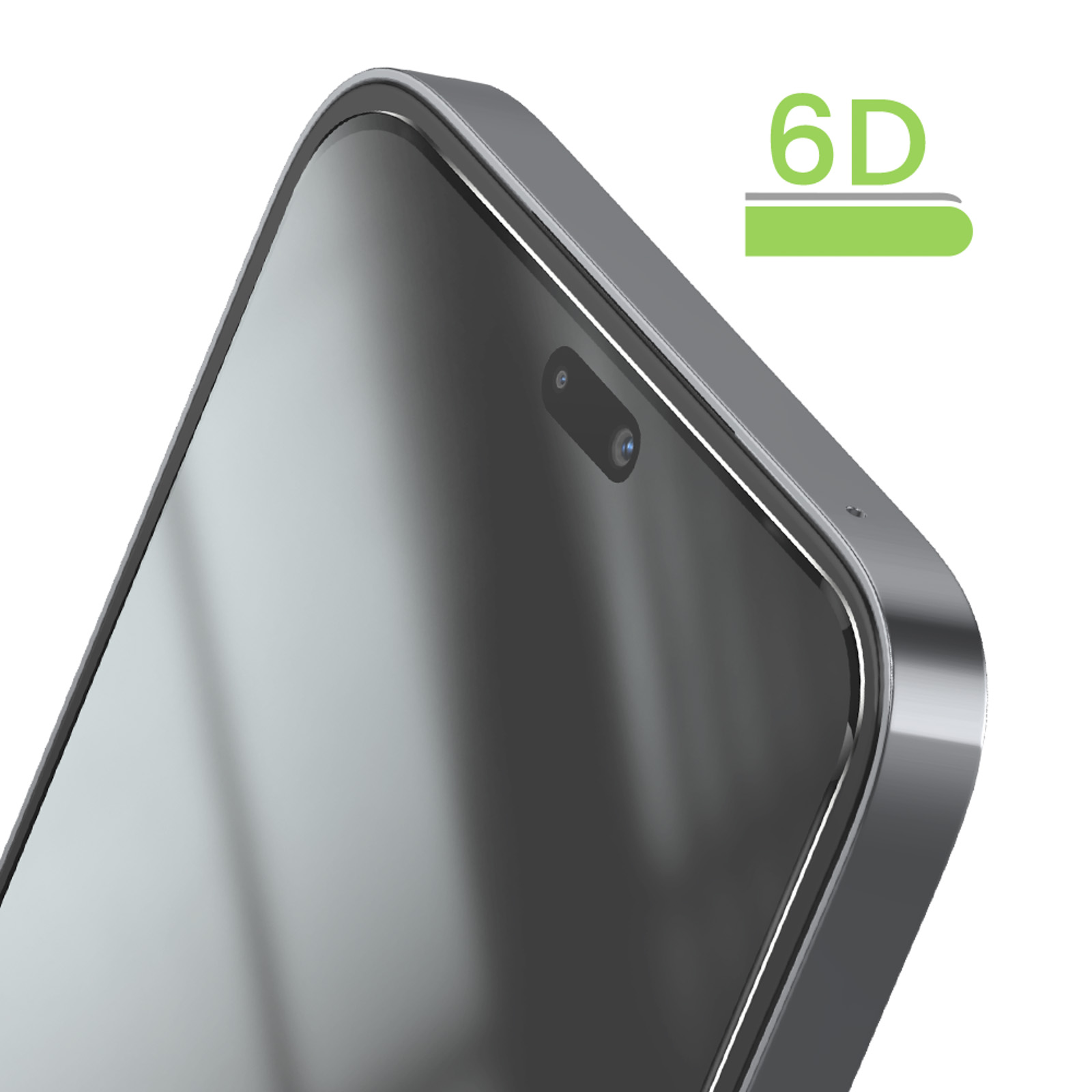 Primo piano di uno smartphone argentato con logo 6D e foro fotocamera.