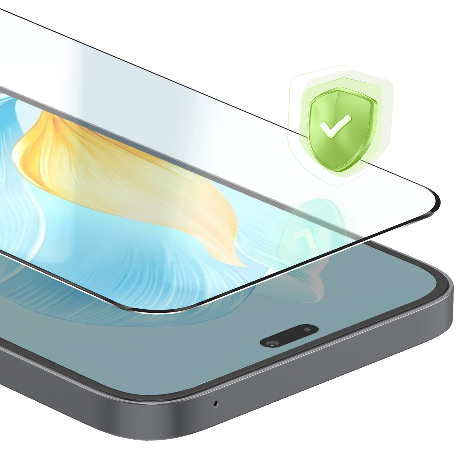 Una protezione per lo schermo in vetro con un'icona a scudo verde poggia su uno smartphone.