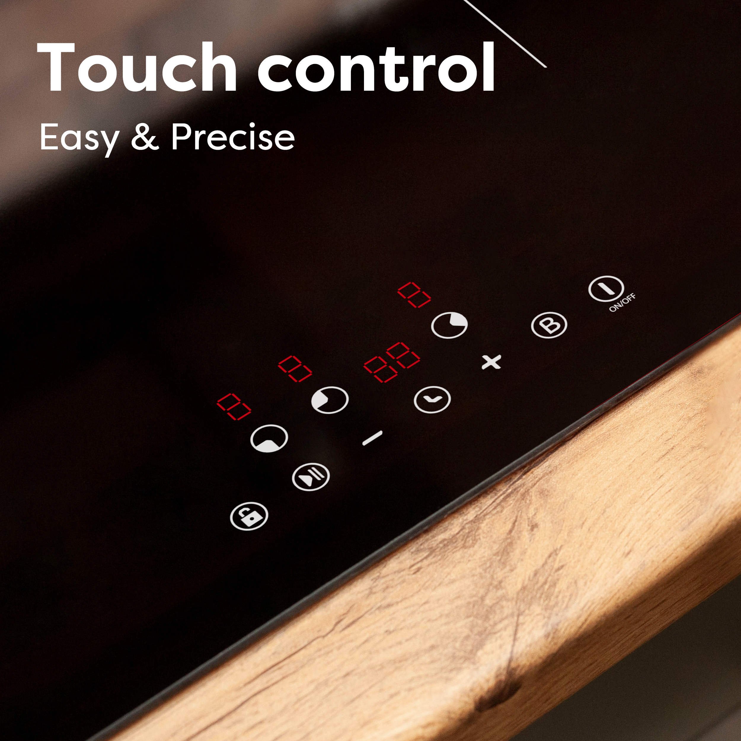 Panneau de commande tactile avec écrans numériques rouges et icônes sur fond noir.