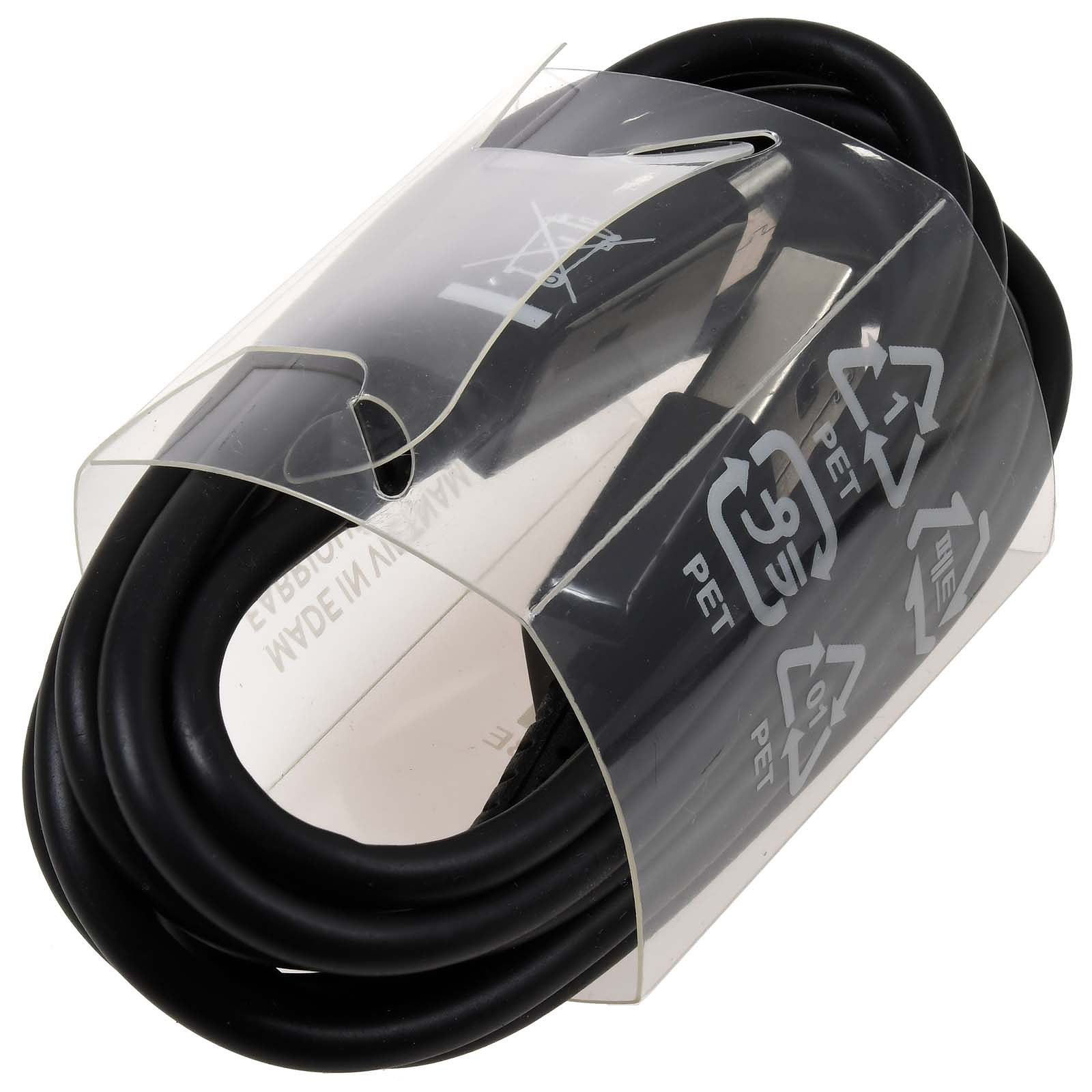Cavo USB nero avvolto in confezione di plastica trasparente con simboli di riciclo PET.