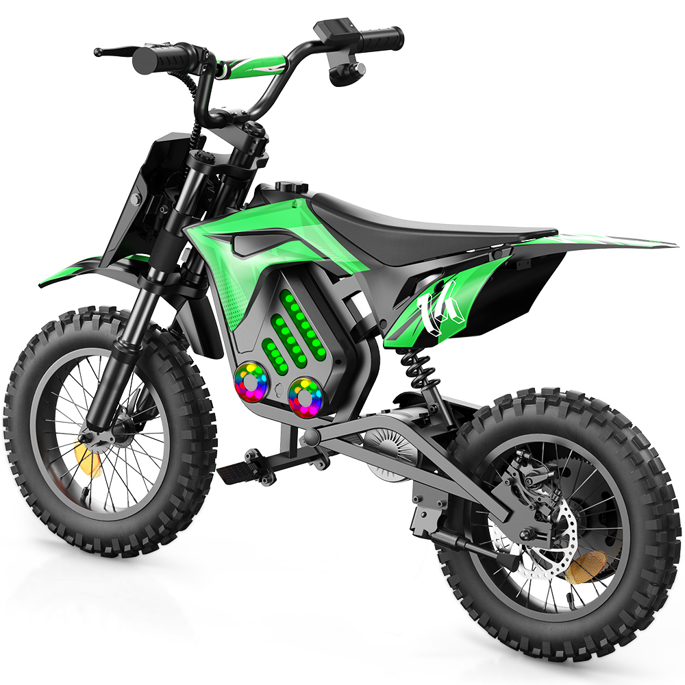 Ein grünes Elektro-Dirtbike mit schwarzen Akzenten und bunten Lichtern.
