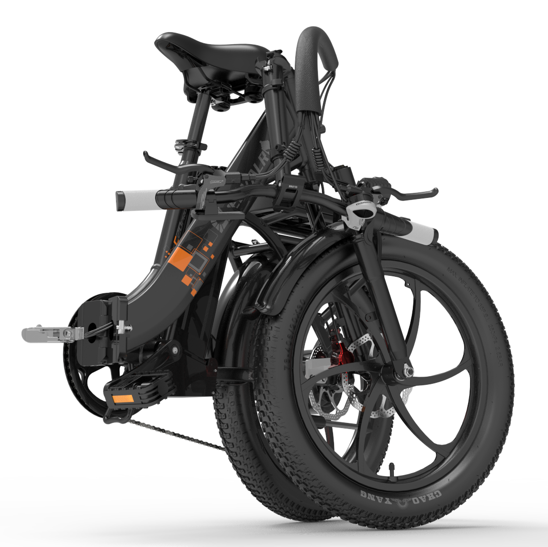 Schwarzes faltbares Elektrofahrrad mit orangefarbenen Akzenten und breiten Reifen.