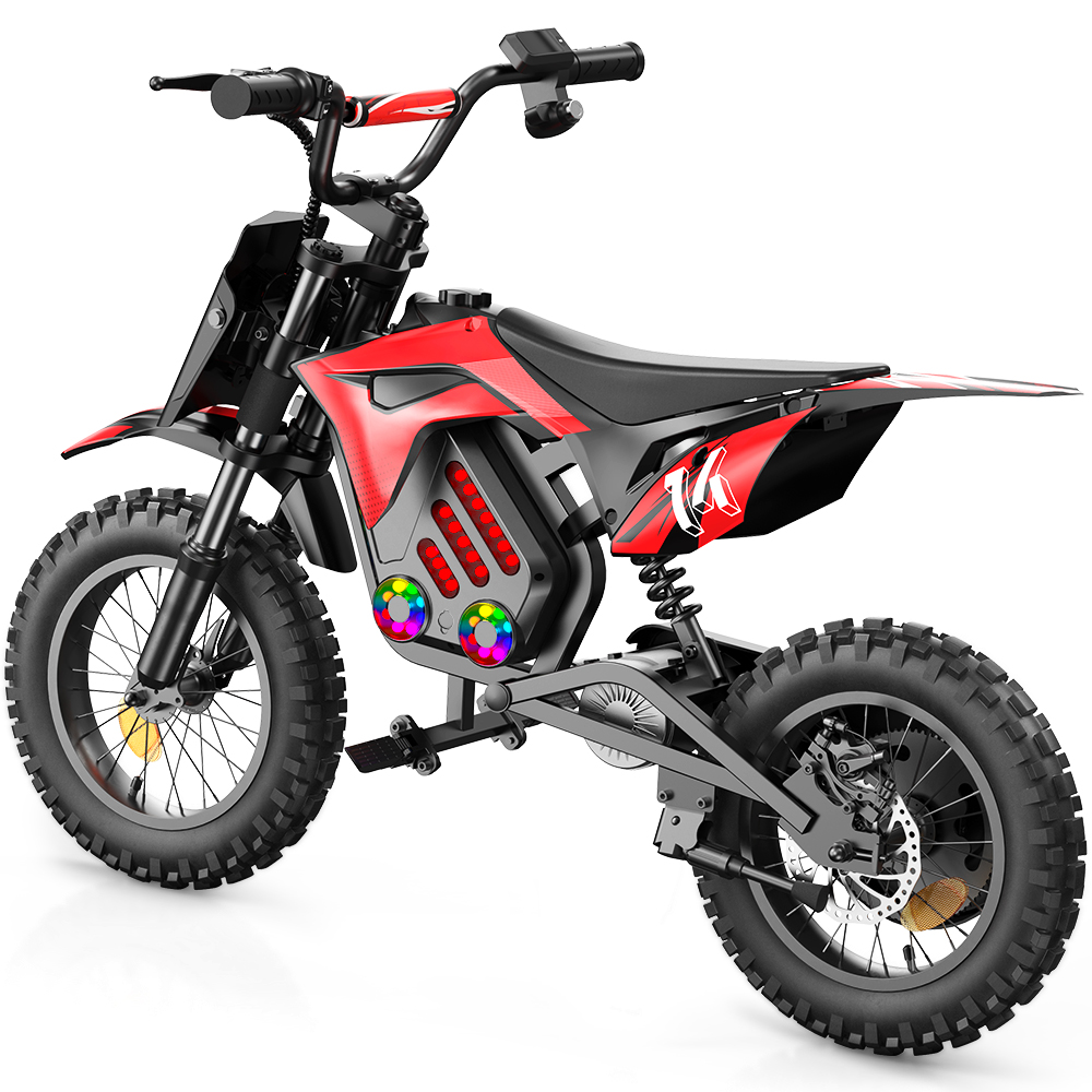 Una dirt bike elettrica rossa e nera per bambini con luci a LED.