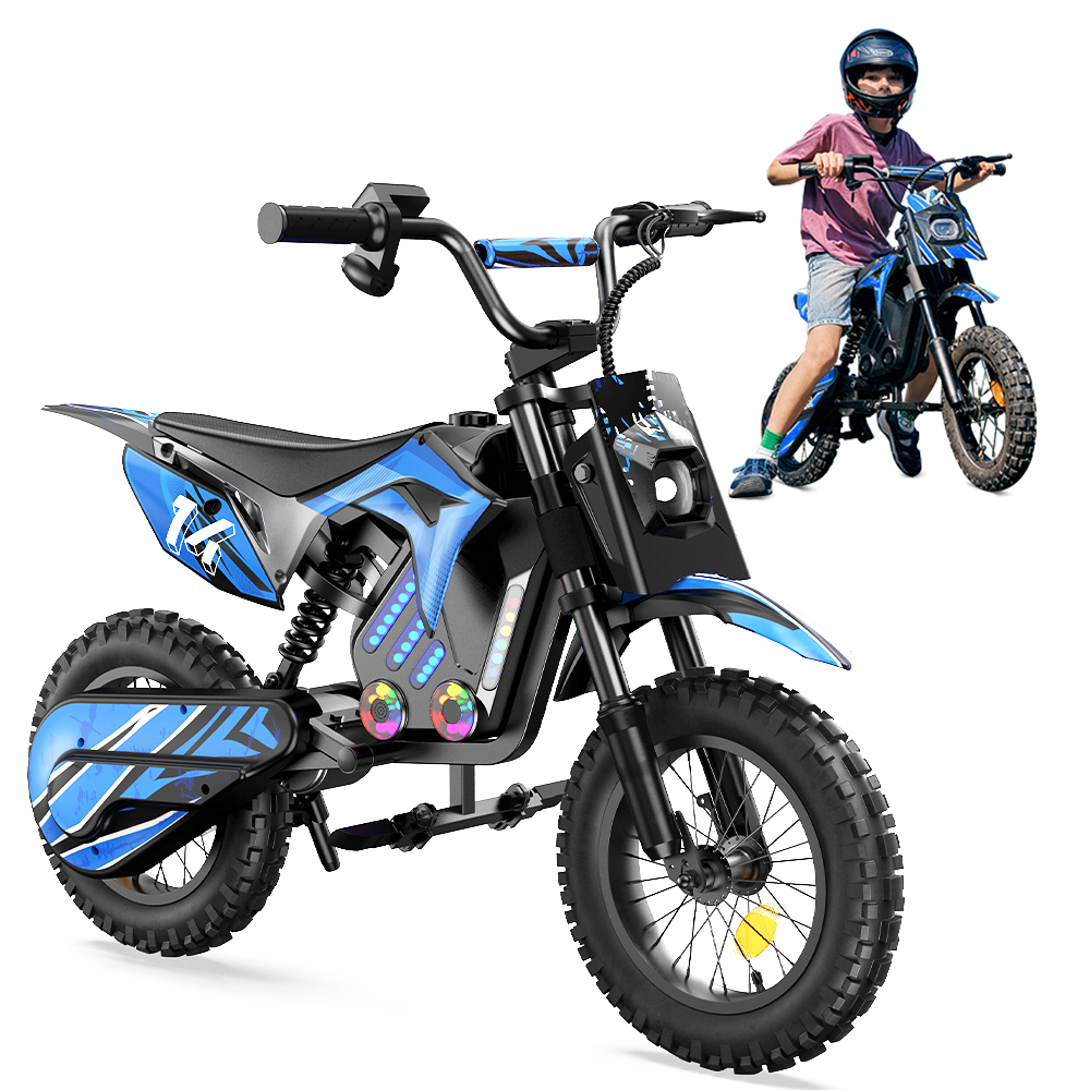 Ein blaues Elektromotorrad mit LED-Lichtern und einem Jungen mit Helm.