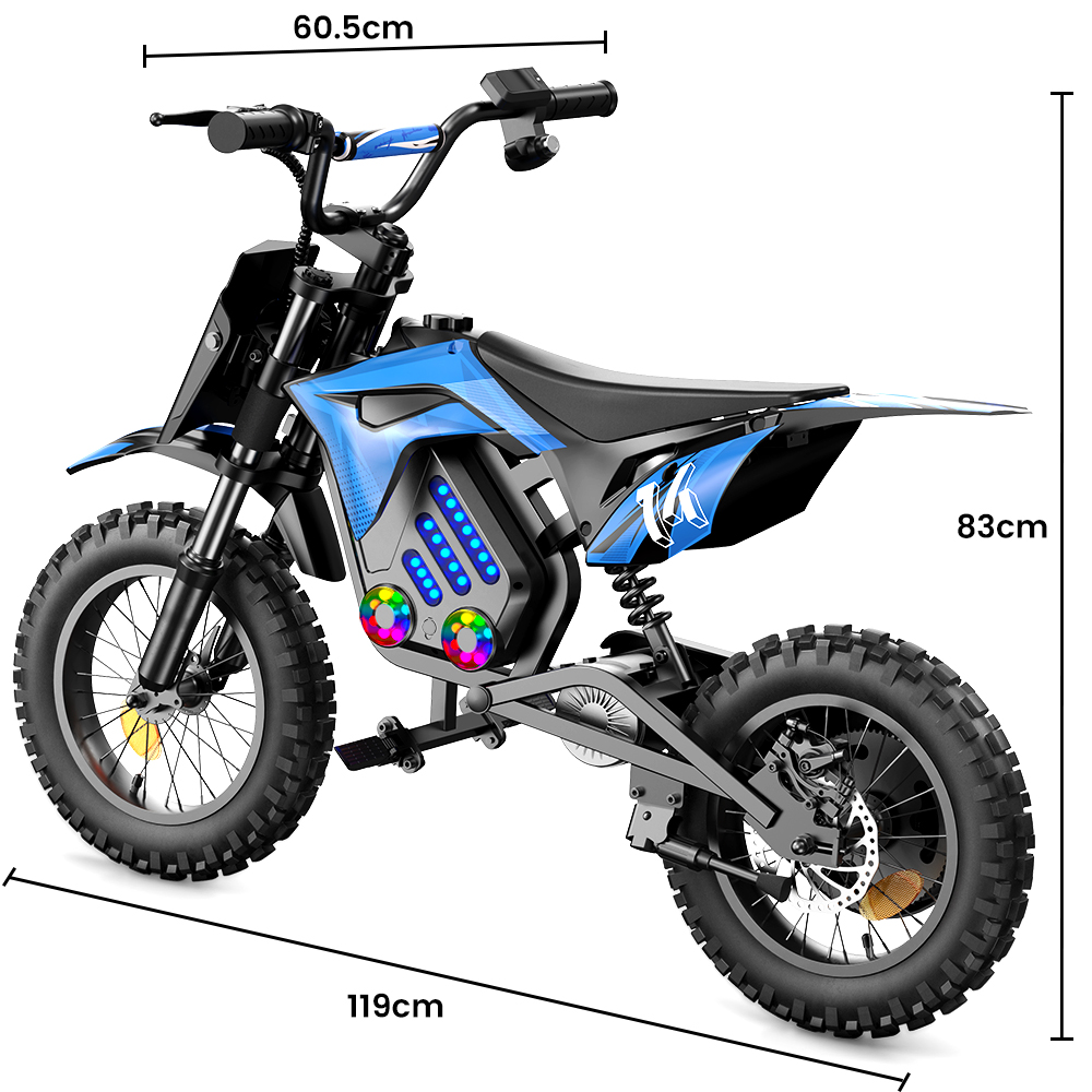Una dirt bike elettrica blu con luci a LED e dimensioni (119x60,5x83cm).