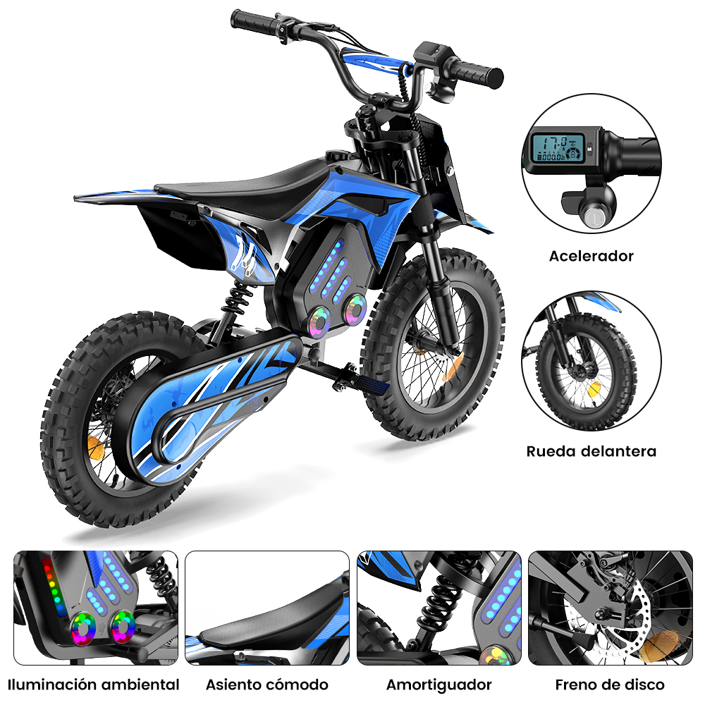 Ein blaues Elektro-Dirtbike mit Lichtern, digitalen Anzeigen und Scheibenbremsen.
