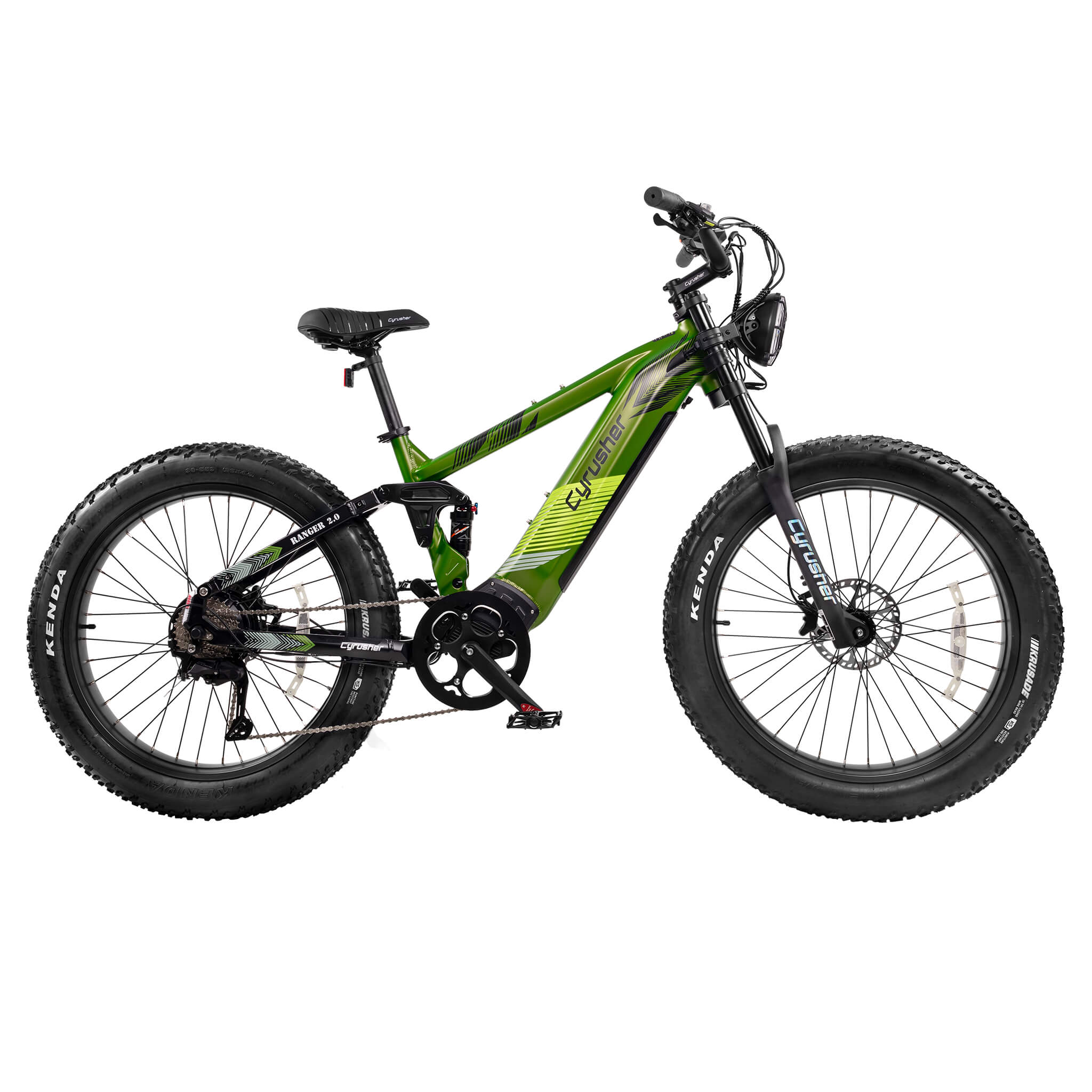 Ein grünes E-Bike mit fetten Reifen und Federung, auf weißem Hintergrund.
