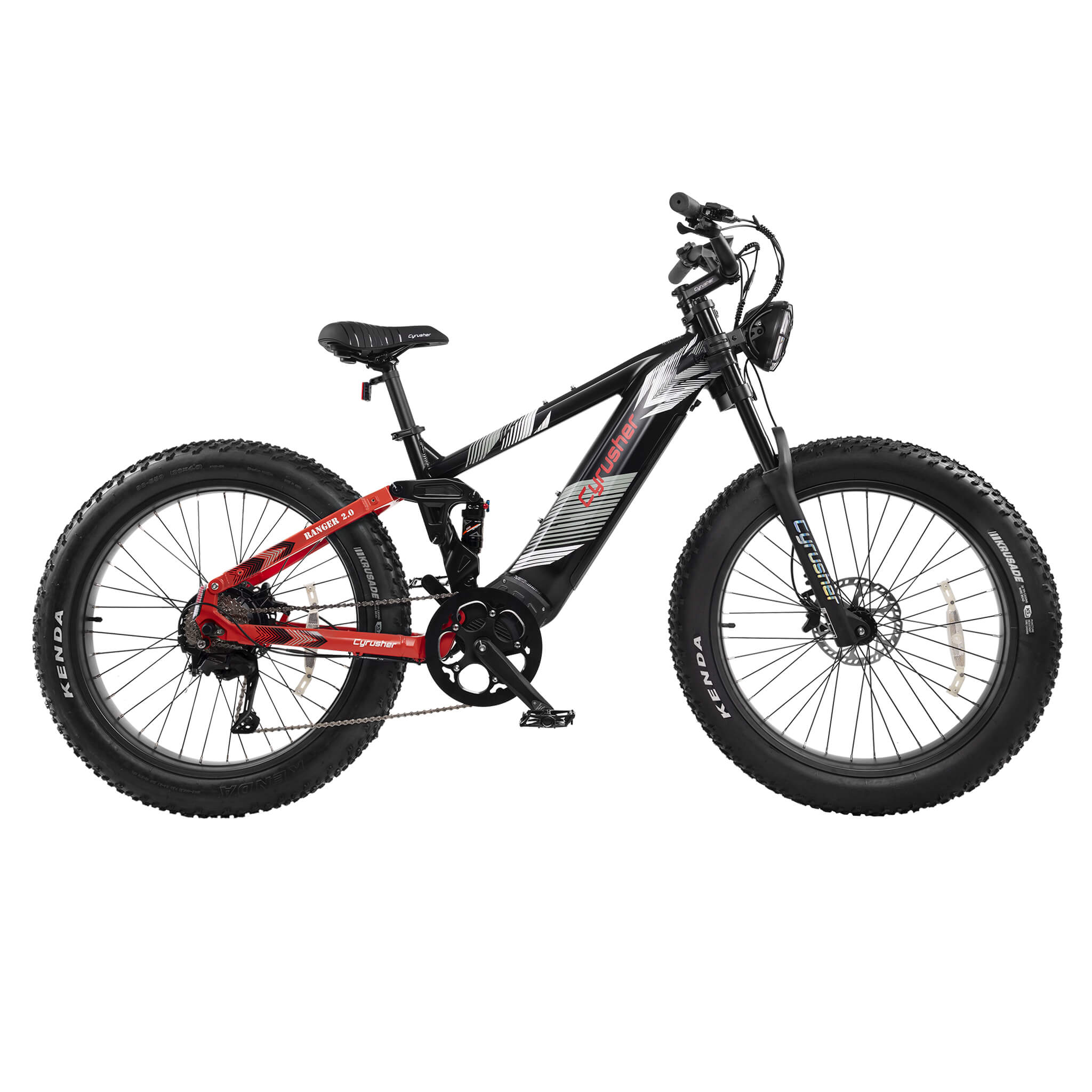 Czarny rower elektryczny fat bike z czerwonymi akcentami i amortyzacją.
