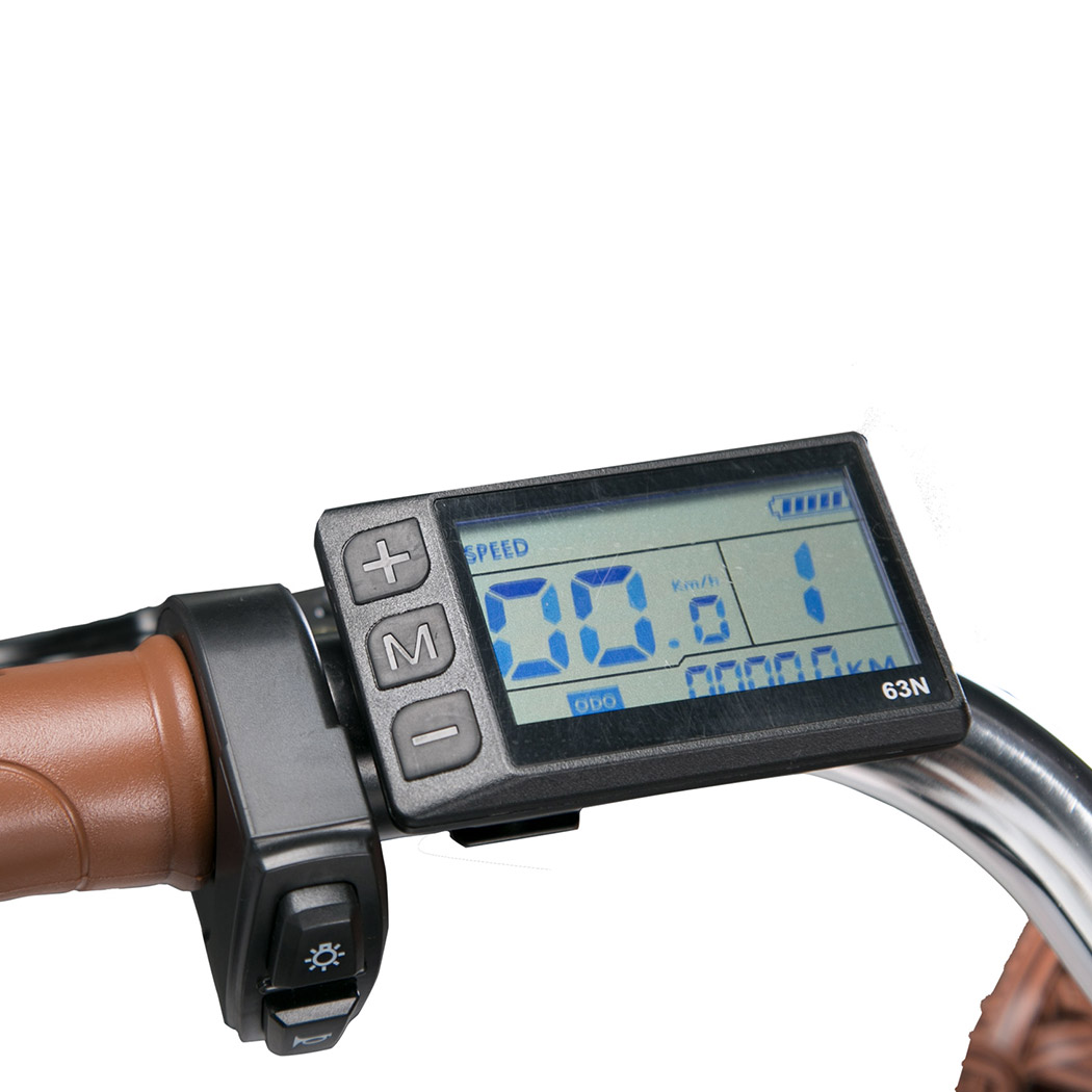 Wyświetlacz kierownicy roweru elektrycznego: prędkość 0.0, licznik 00000km, poziom baterii.