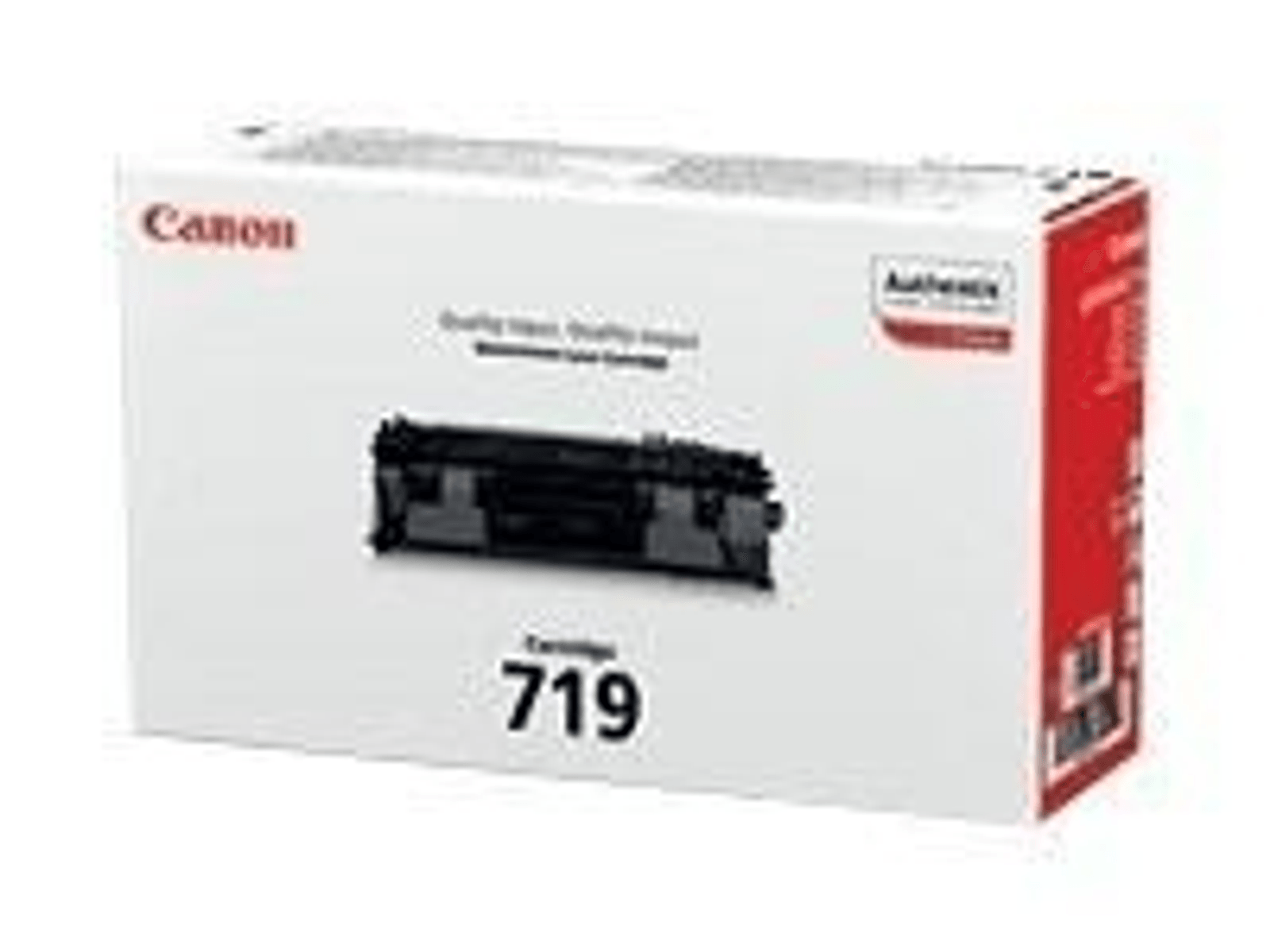 Toner Canon 719 w białym pudełku z czerwoną stroną.